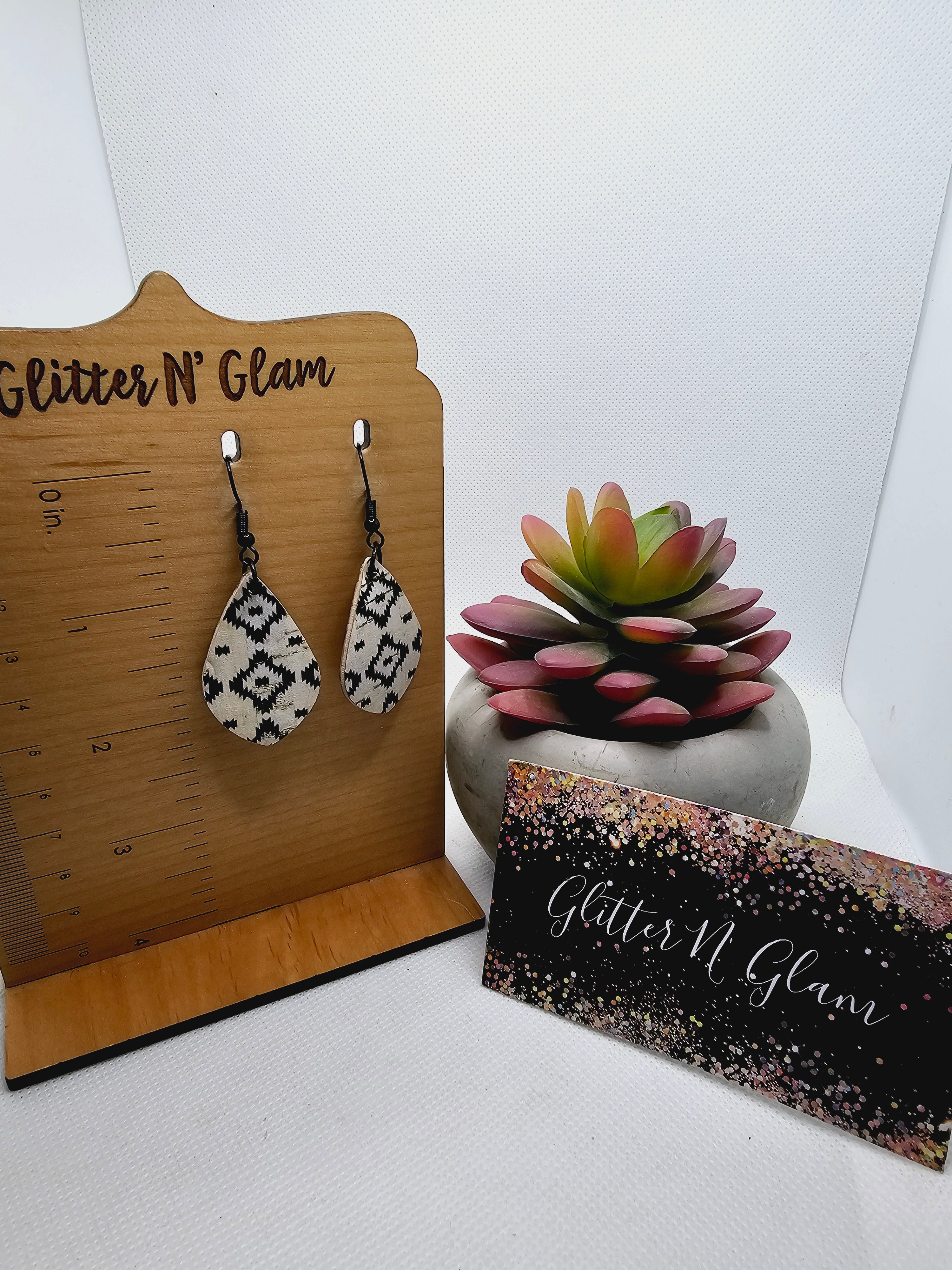 2326 Black and White Aztec Design Cork Dangle Earrings