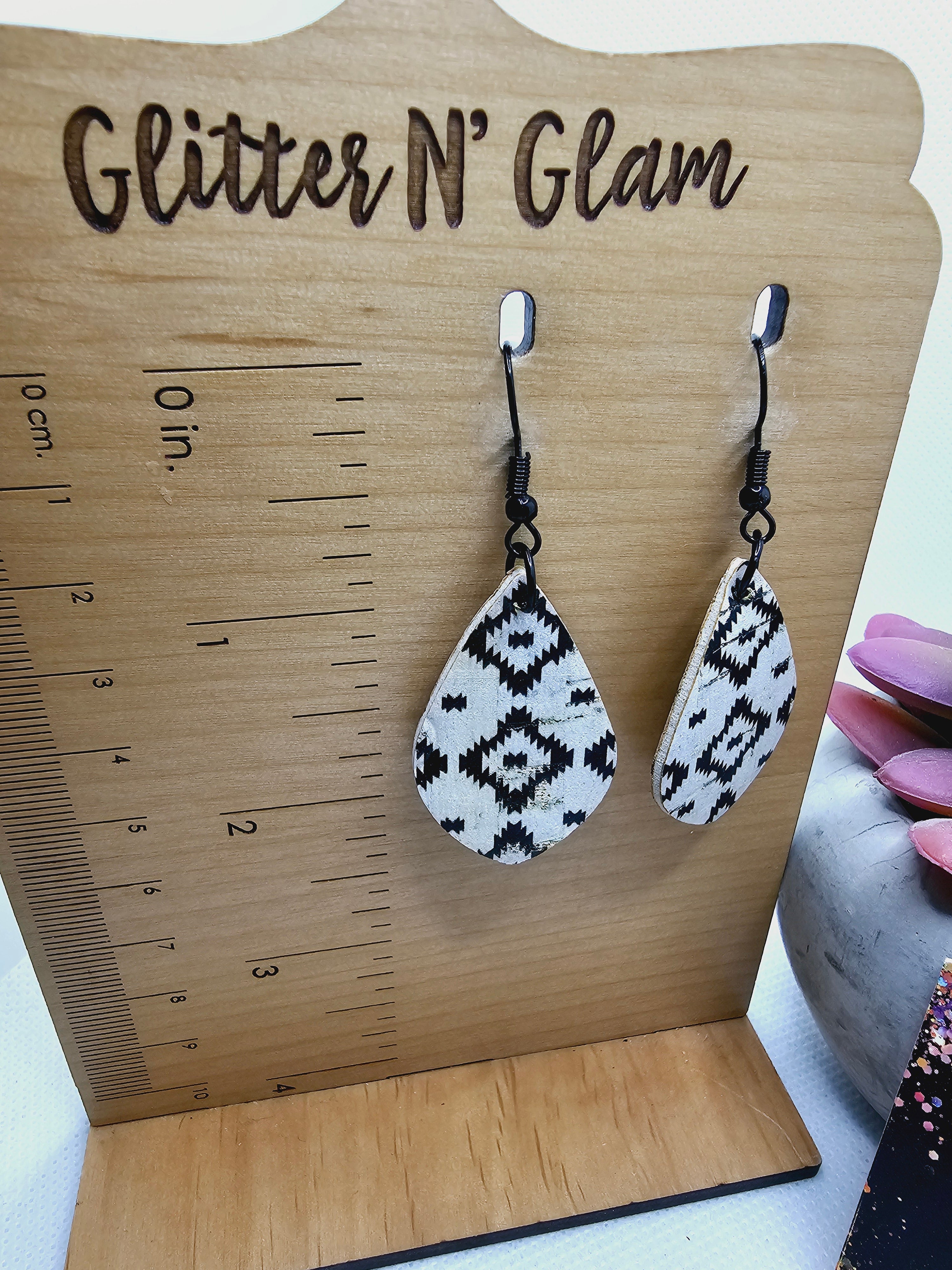 2326 Black and White Aztec Design Cork Dangle Earrings