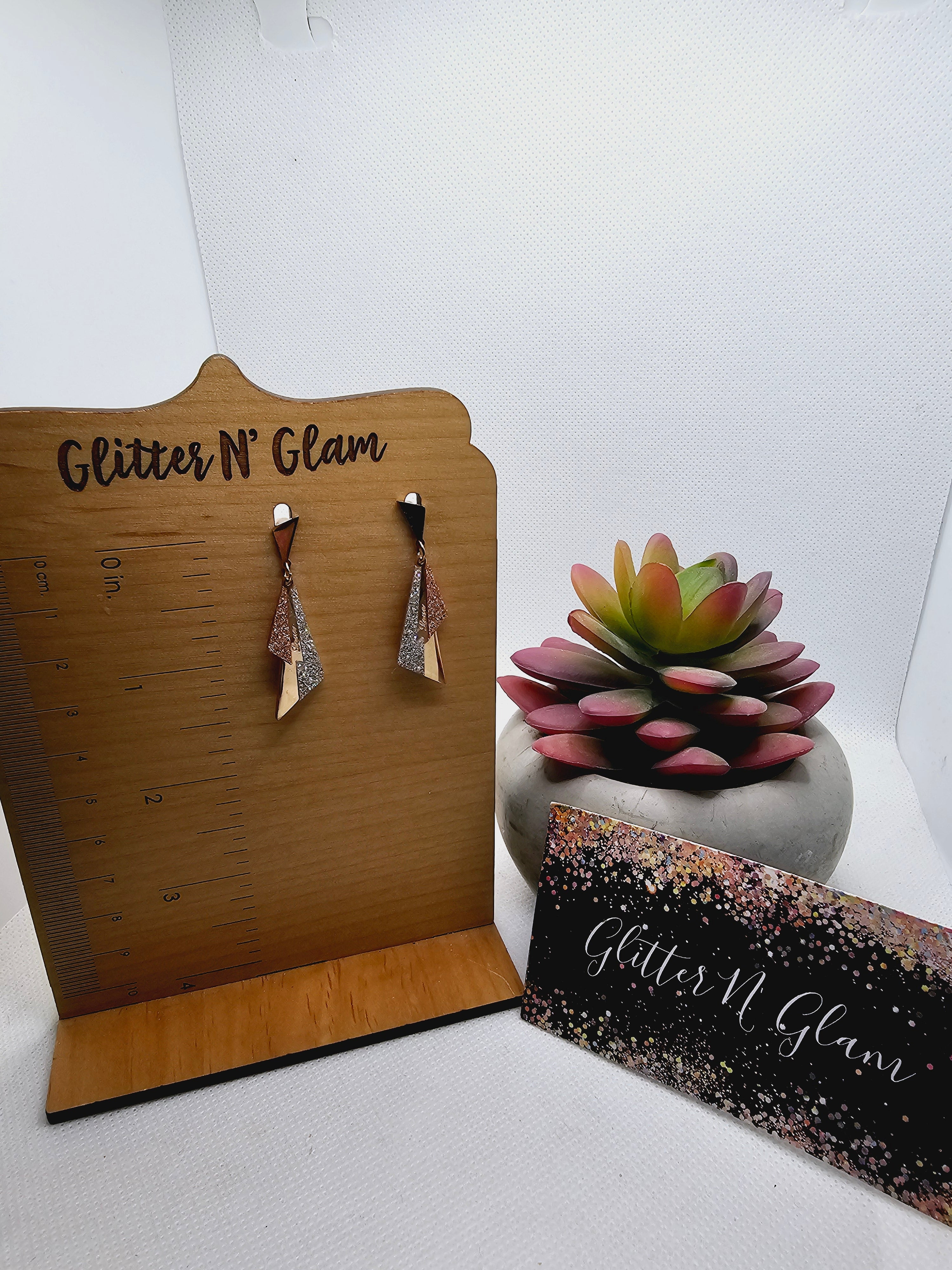 2337 Sparkly Rosegold and Silver Triangular Dangle Earrings