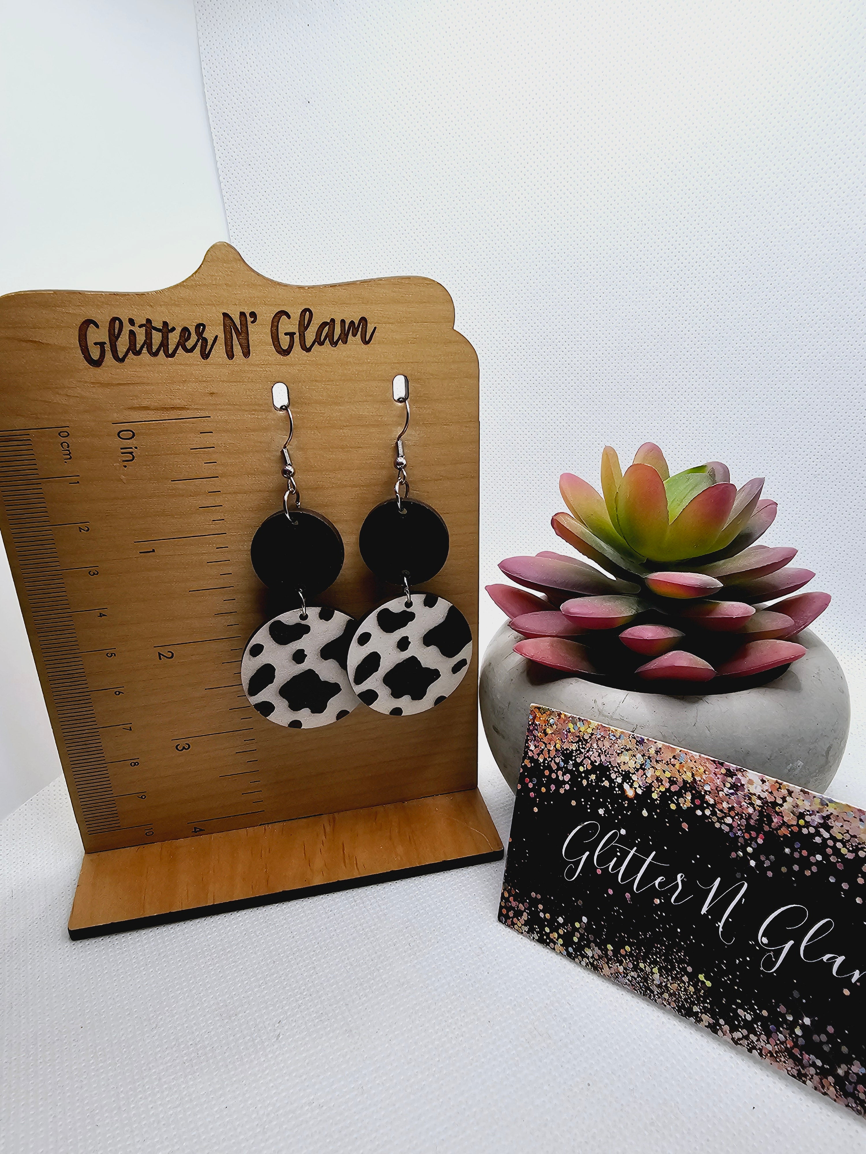 2317 Wood Cow Print Dangle Earrings