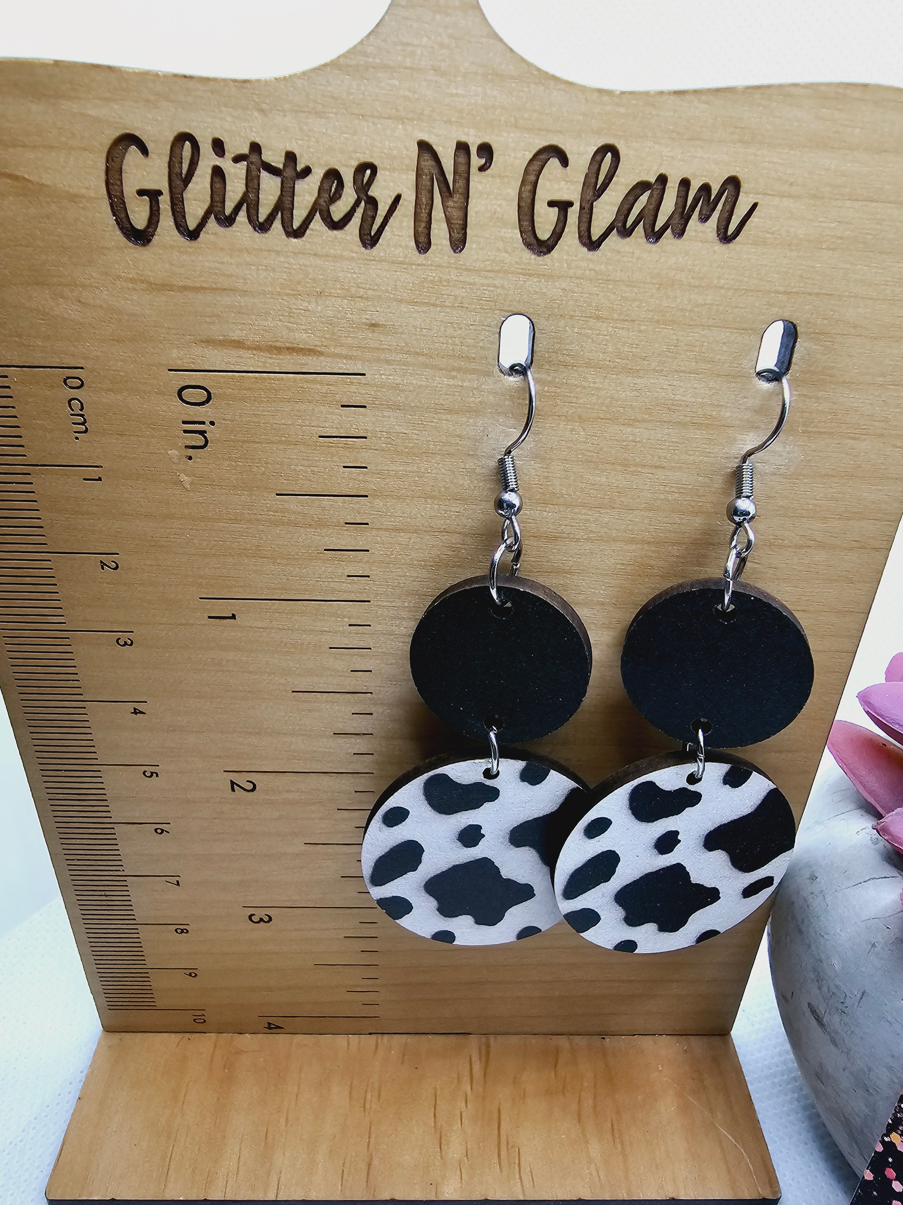2317 Wood Cow Print Dangle Earrings