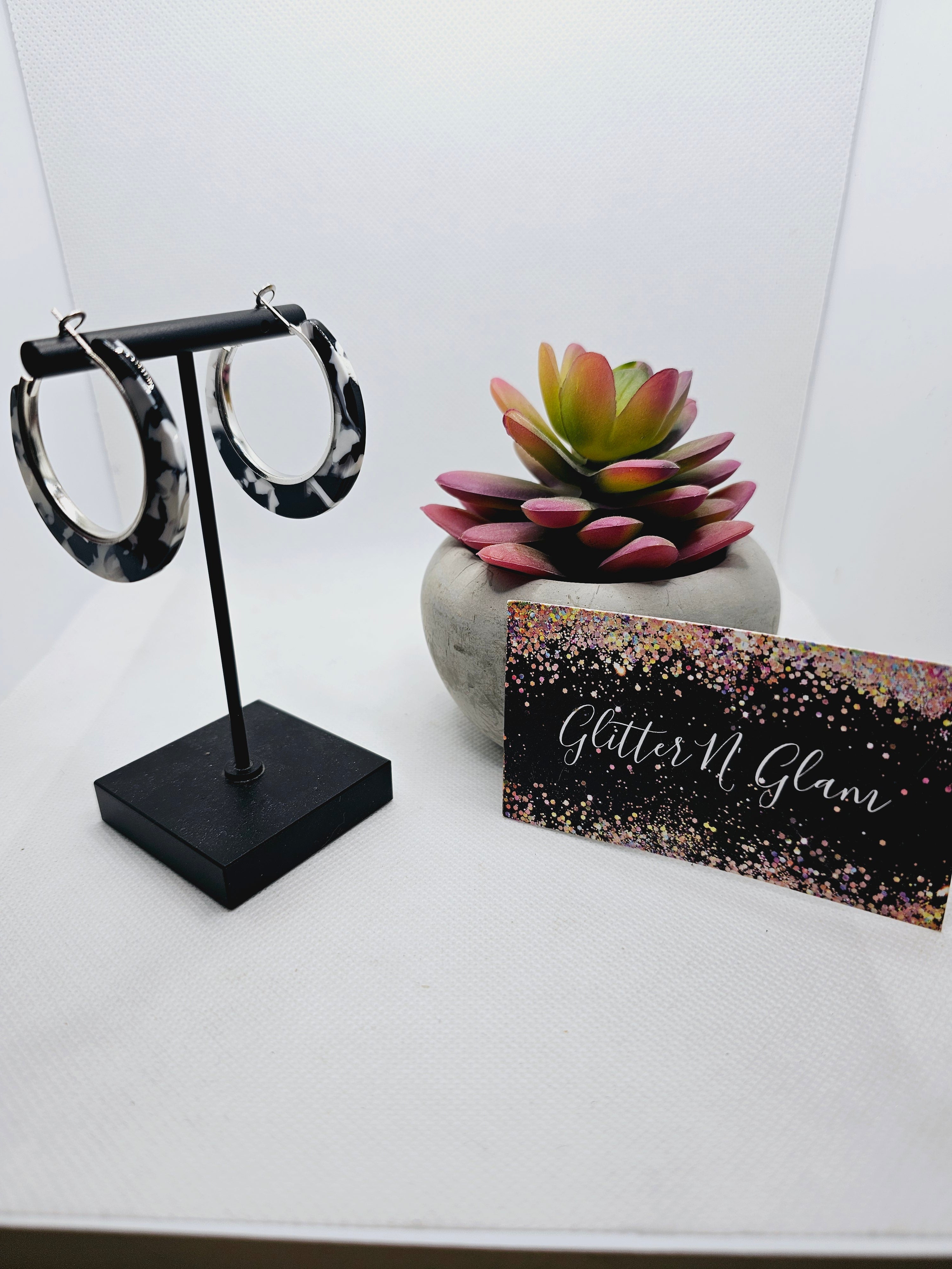 2320 Resin Black and White Cow Print Hoop Earrings