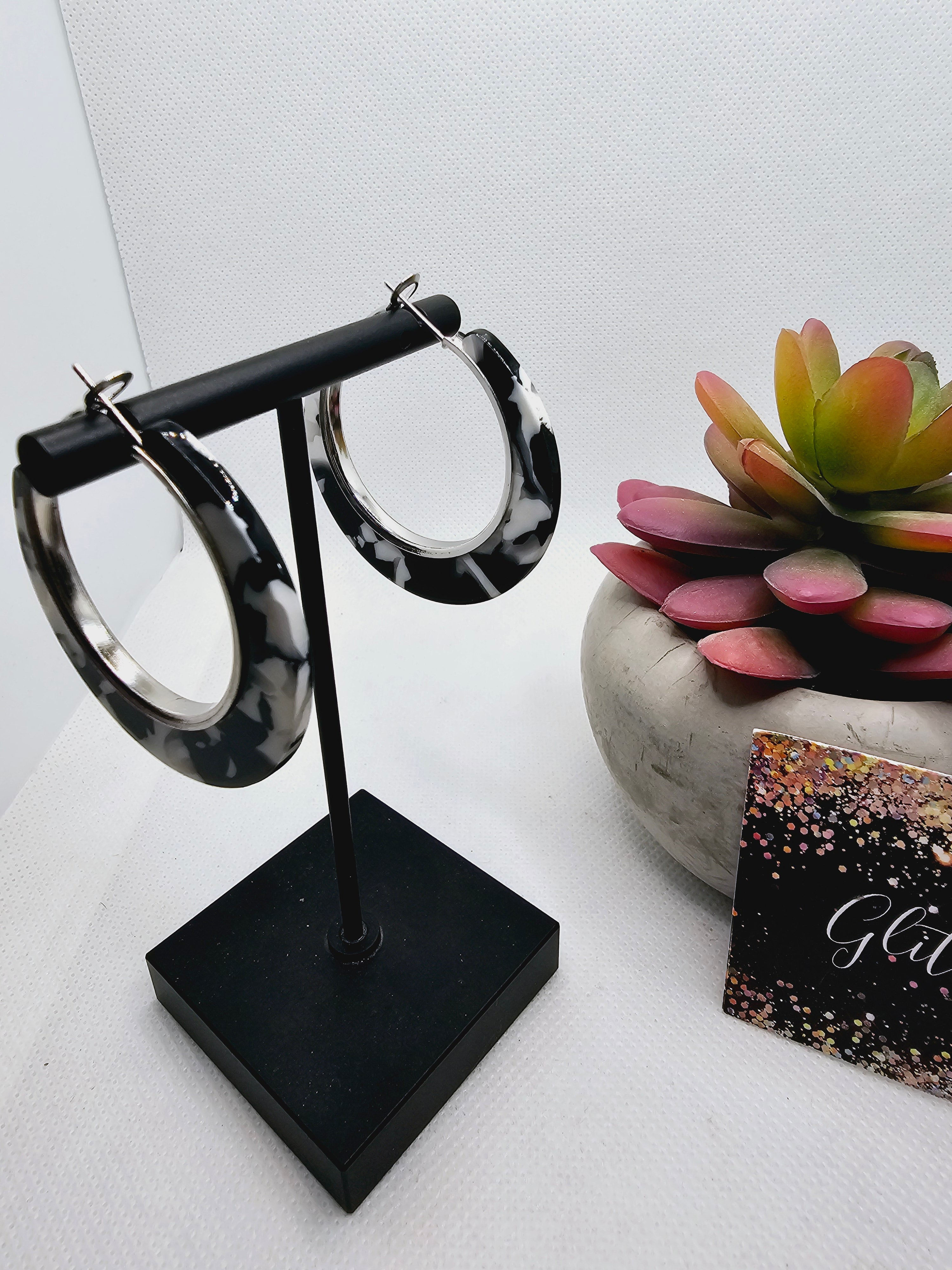 2320 Resin Black and White Cow Print Hoop Earrings