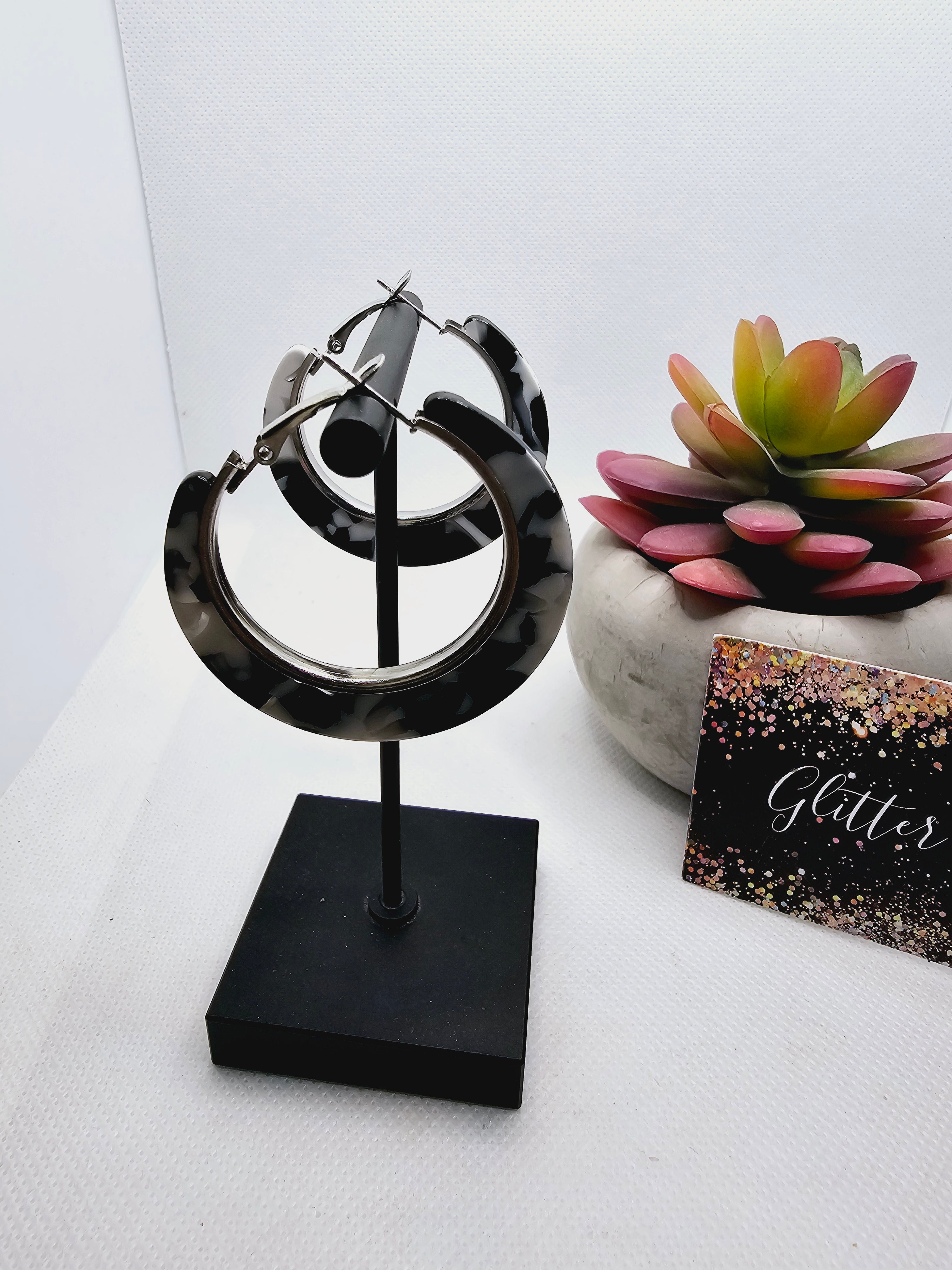 2320 Resin Black and White Cow Print Hoop Earrings