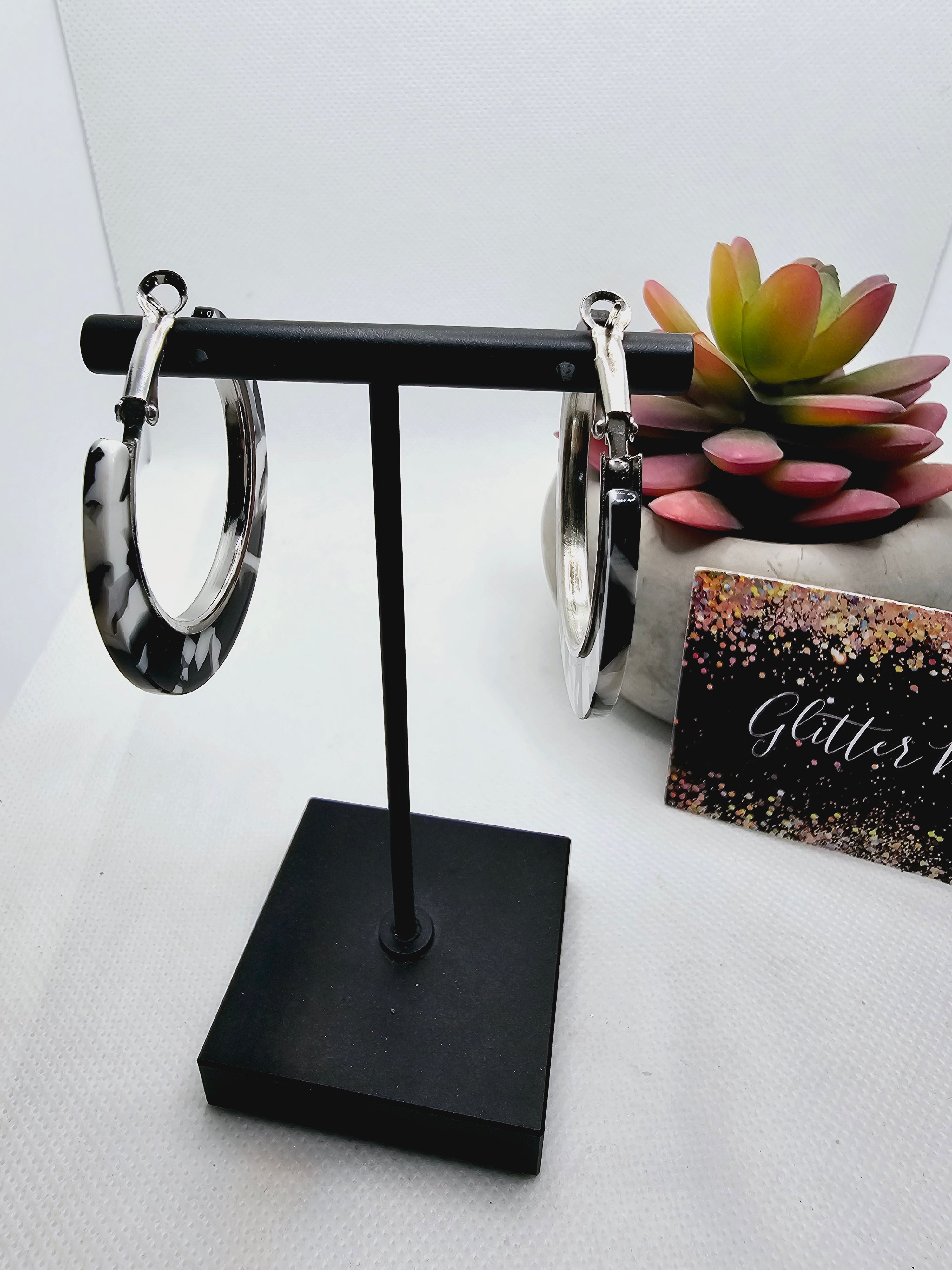 2320 Resin Black and White Cow Print Hoop Earrings