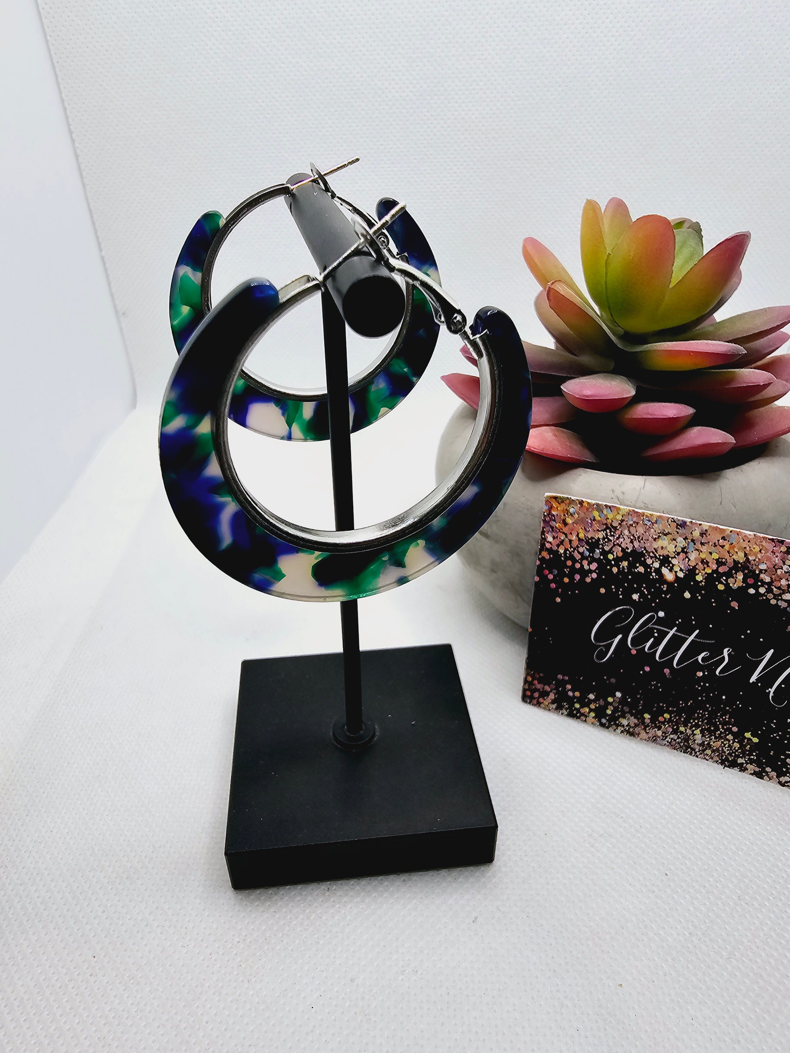 2319 Resin Peacock Colors Hoop Dangle Earrings