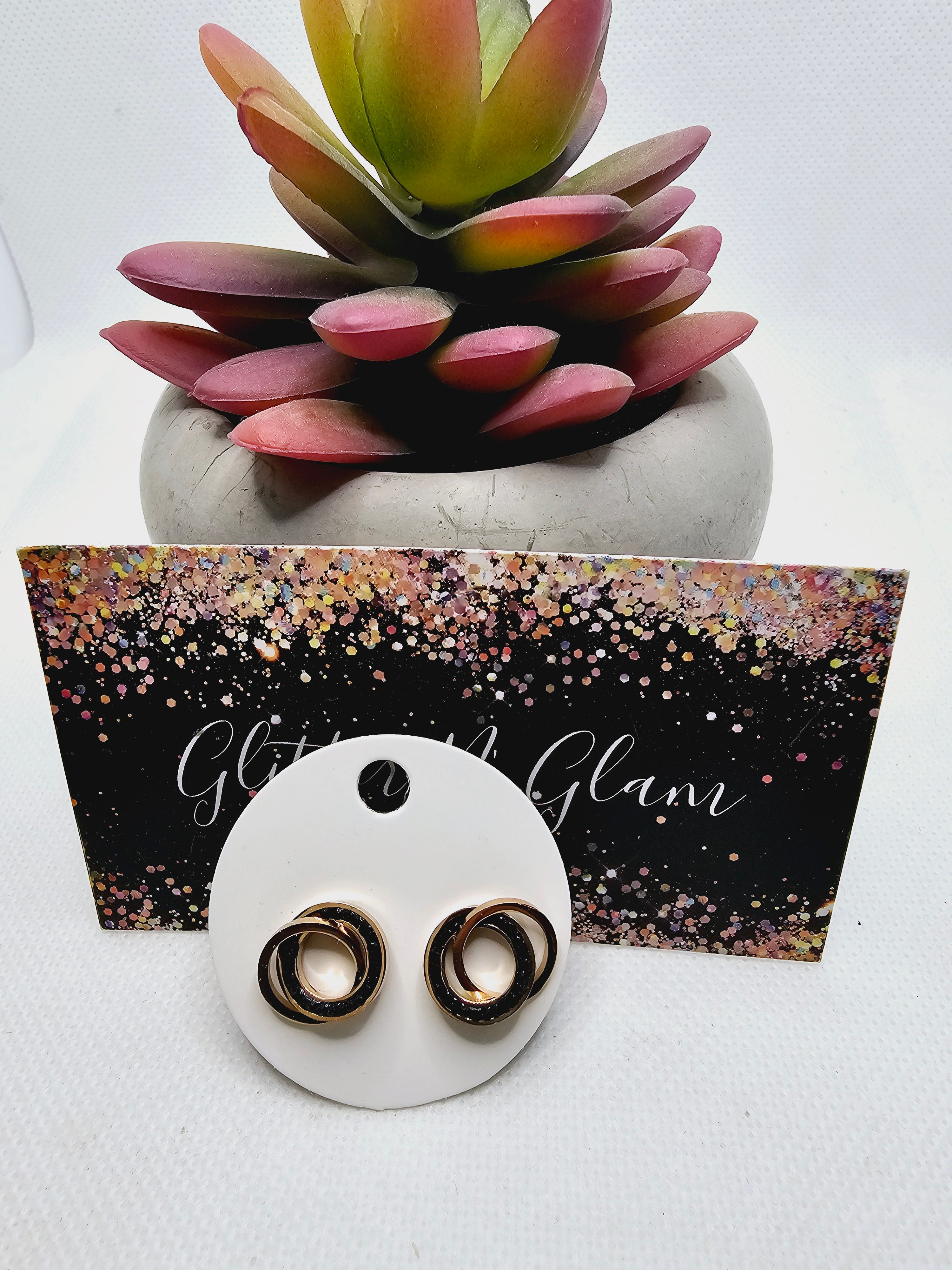 2331 Rosegold Circles with Black Rhinestones Stud Earrings