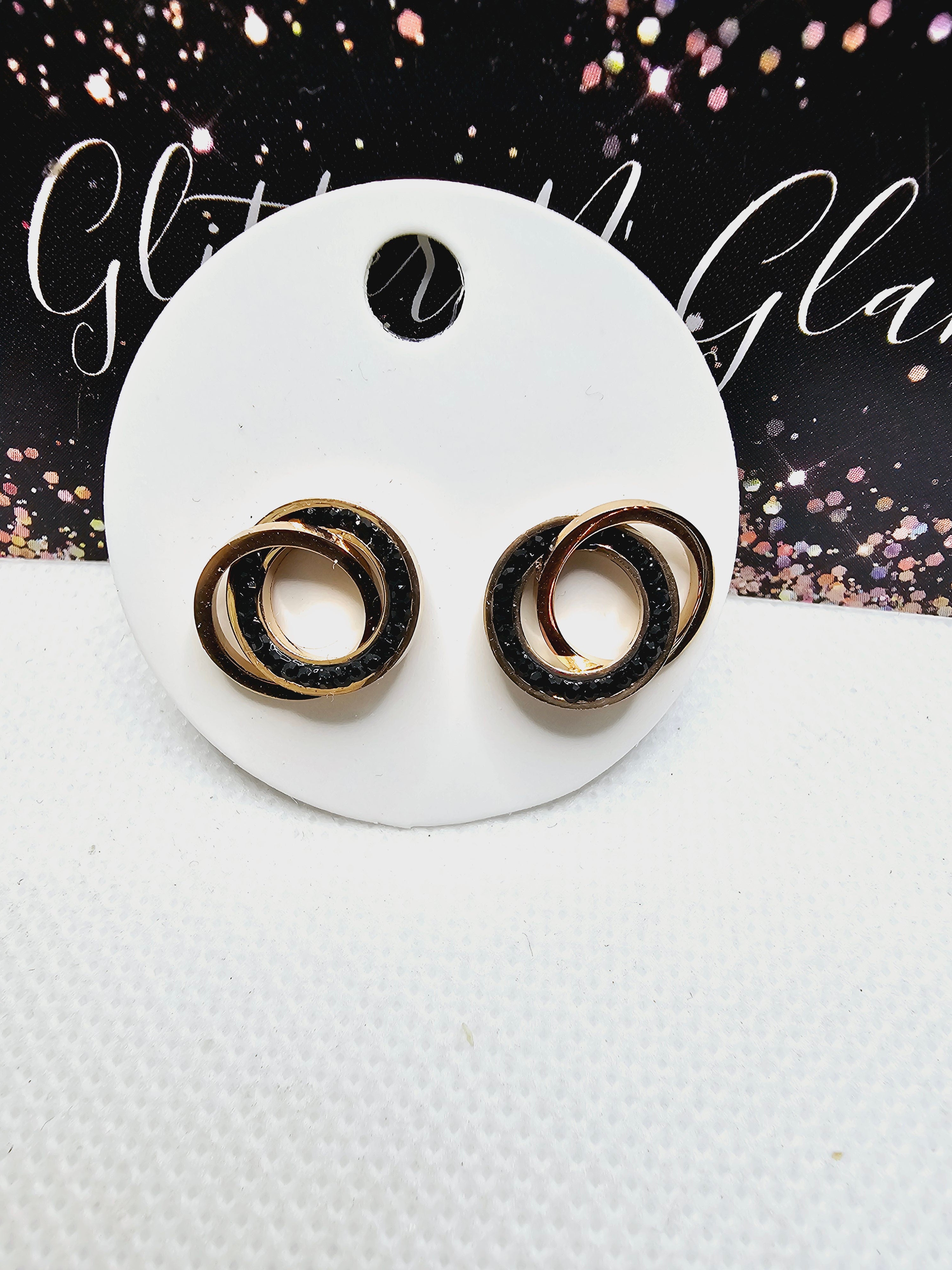 2331 Rosegold Circles with Black Rhinestones Stud Earrings