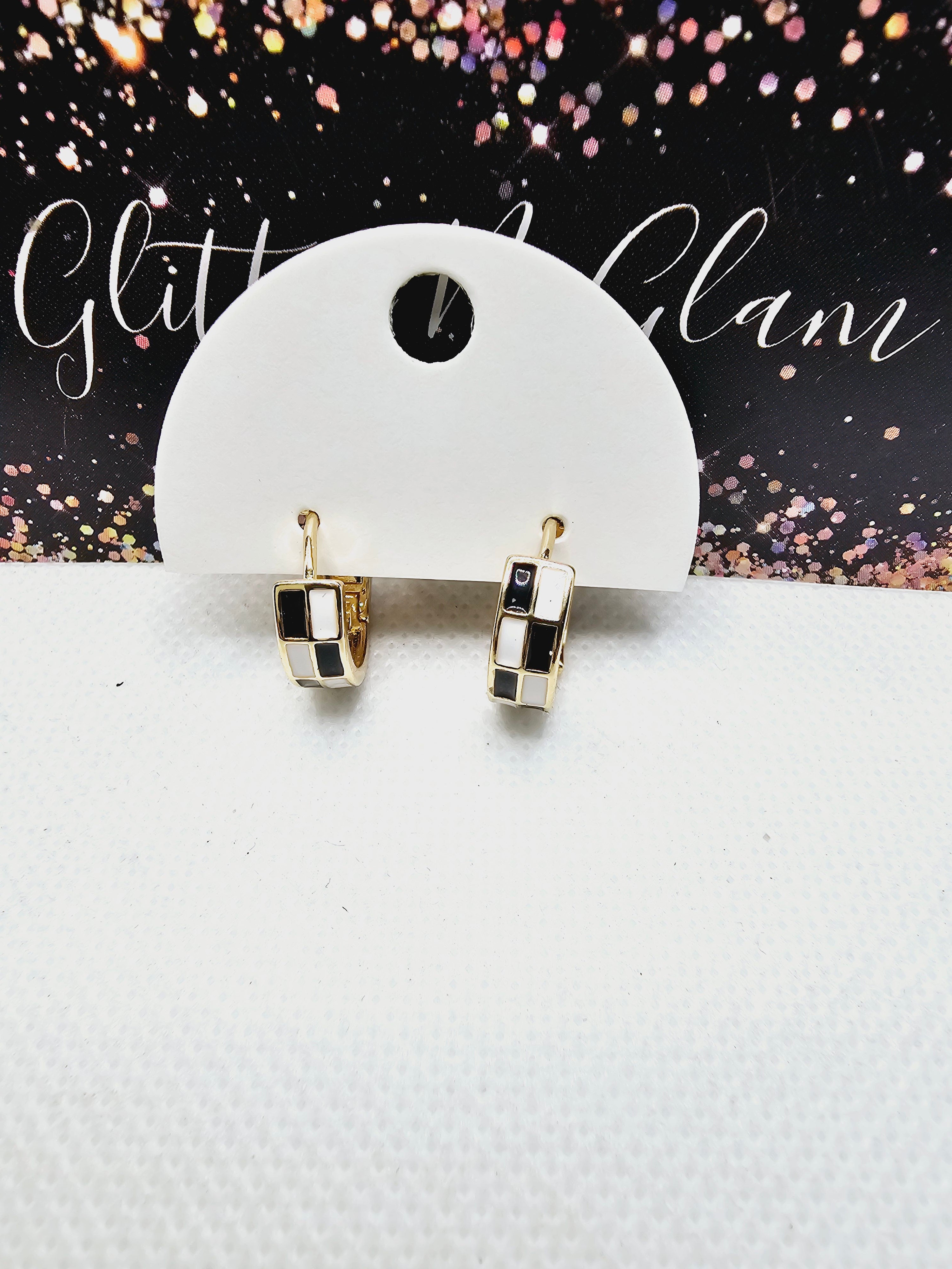 2342 Gold with Black and White Checkered Huggie Hoop Earrings