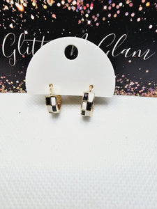 2342 Gold with Black and White Checkered Huggie Hoop Earrings