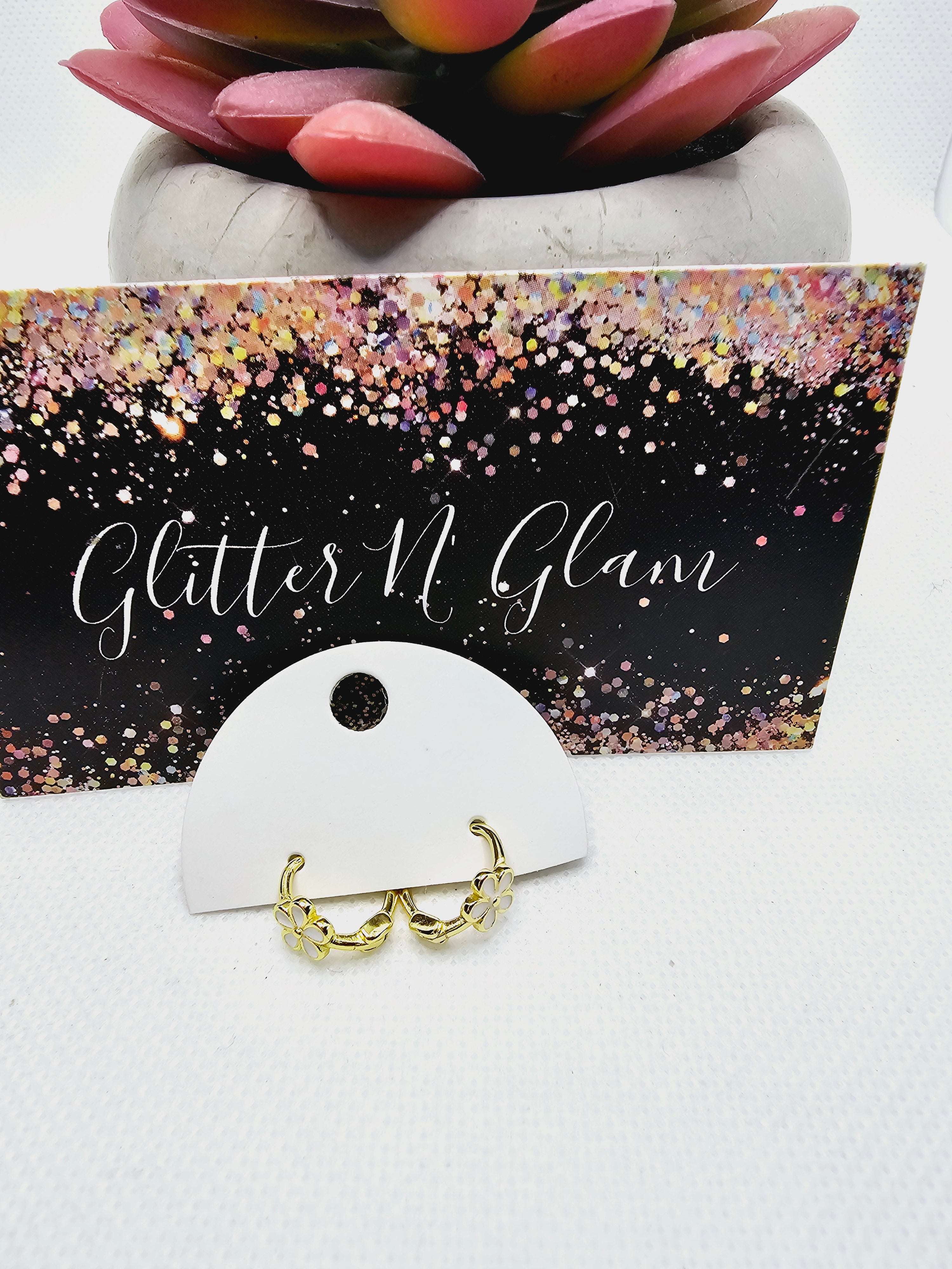 2372 Gold Huggie Hoops with White Flowers