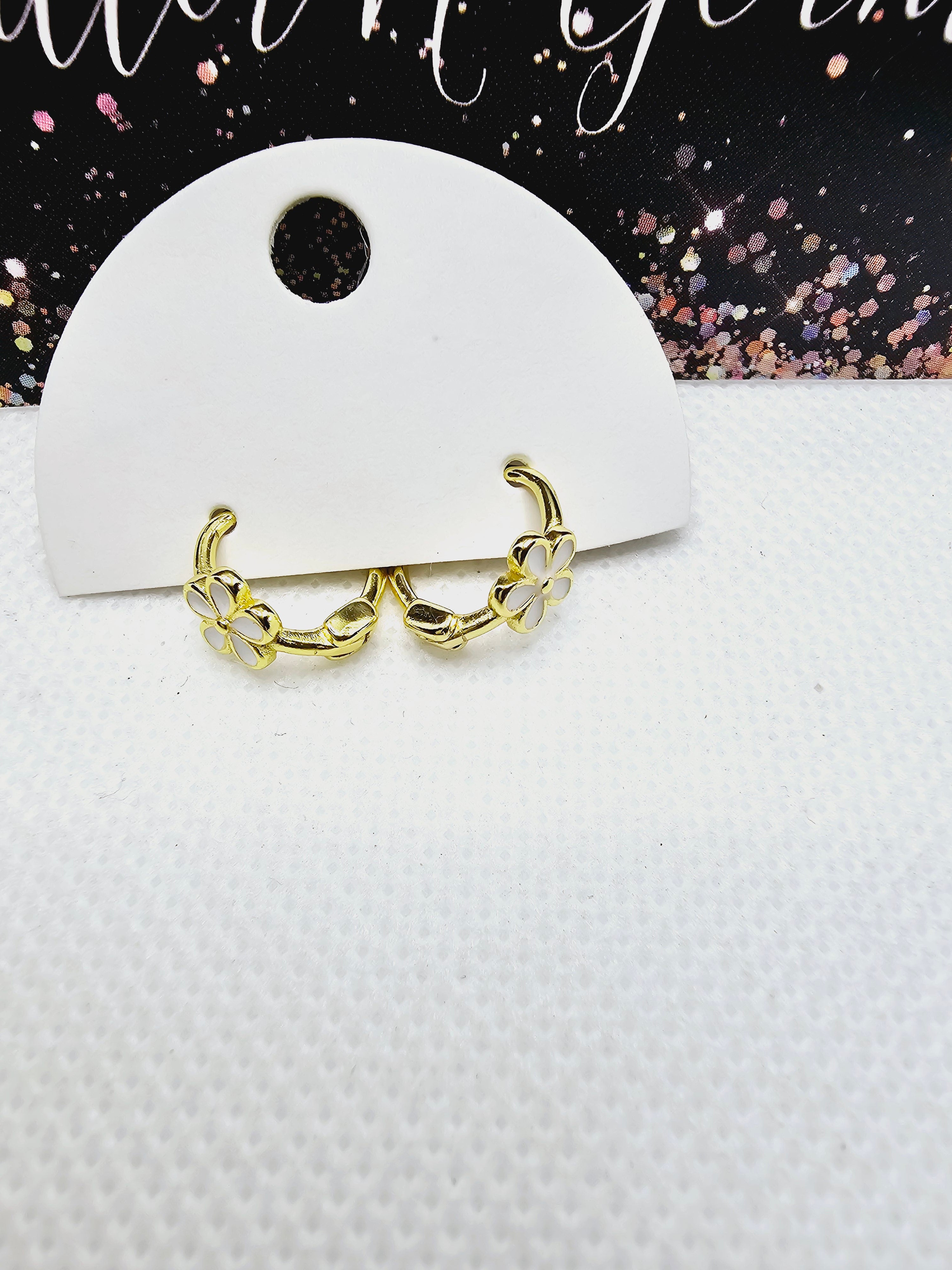 2372 Gold Huggie Hoops with White Flowers