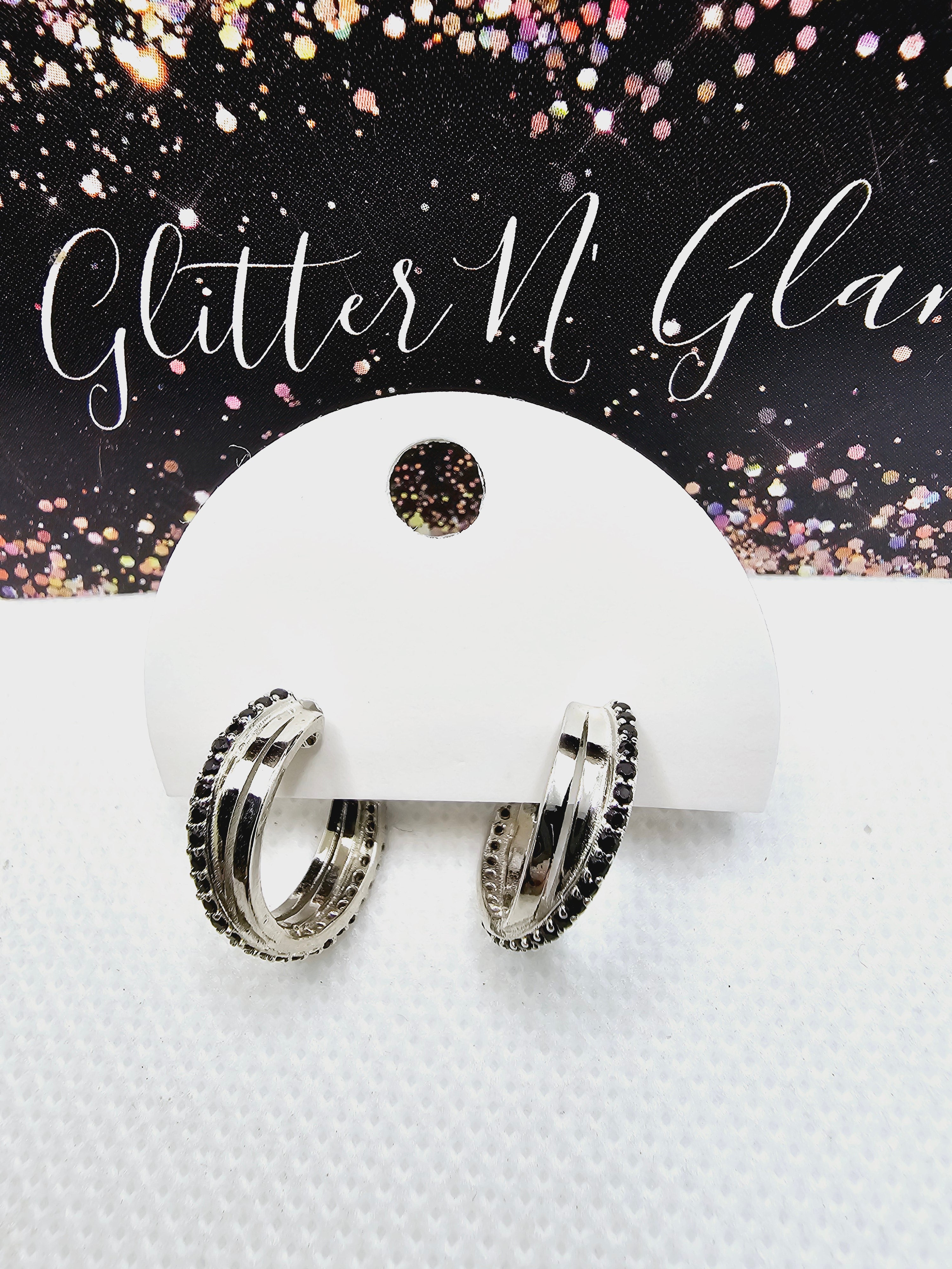 2401 Silver Huggie hoops with Black Rhinestones