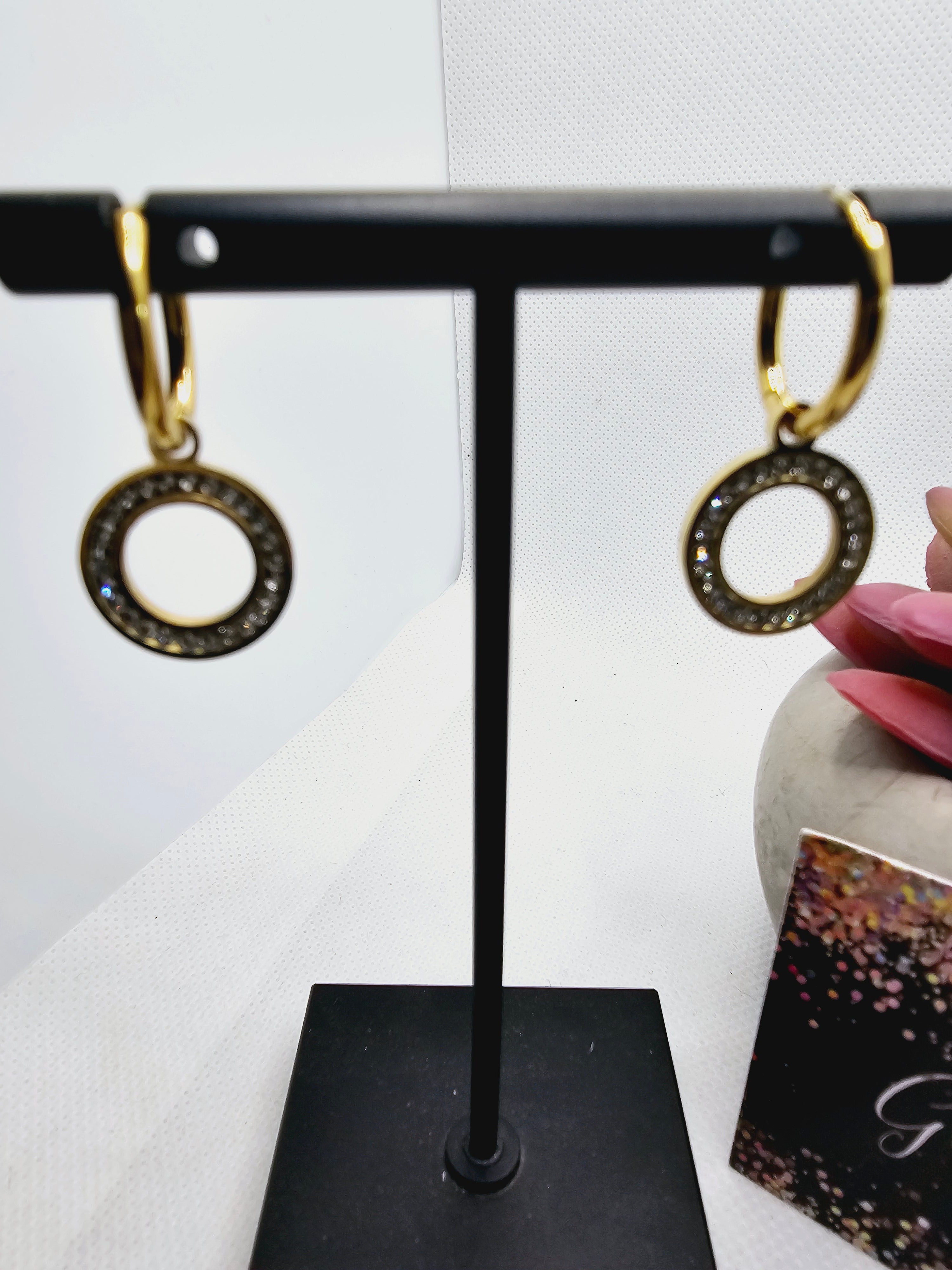 2399 Gold Round Hoop Dangle Earrings with CZ