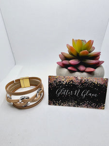2417 Rose gold with Silver Rings Leather Wrap Bracelet