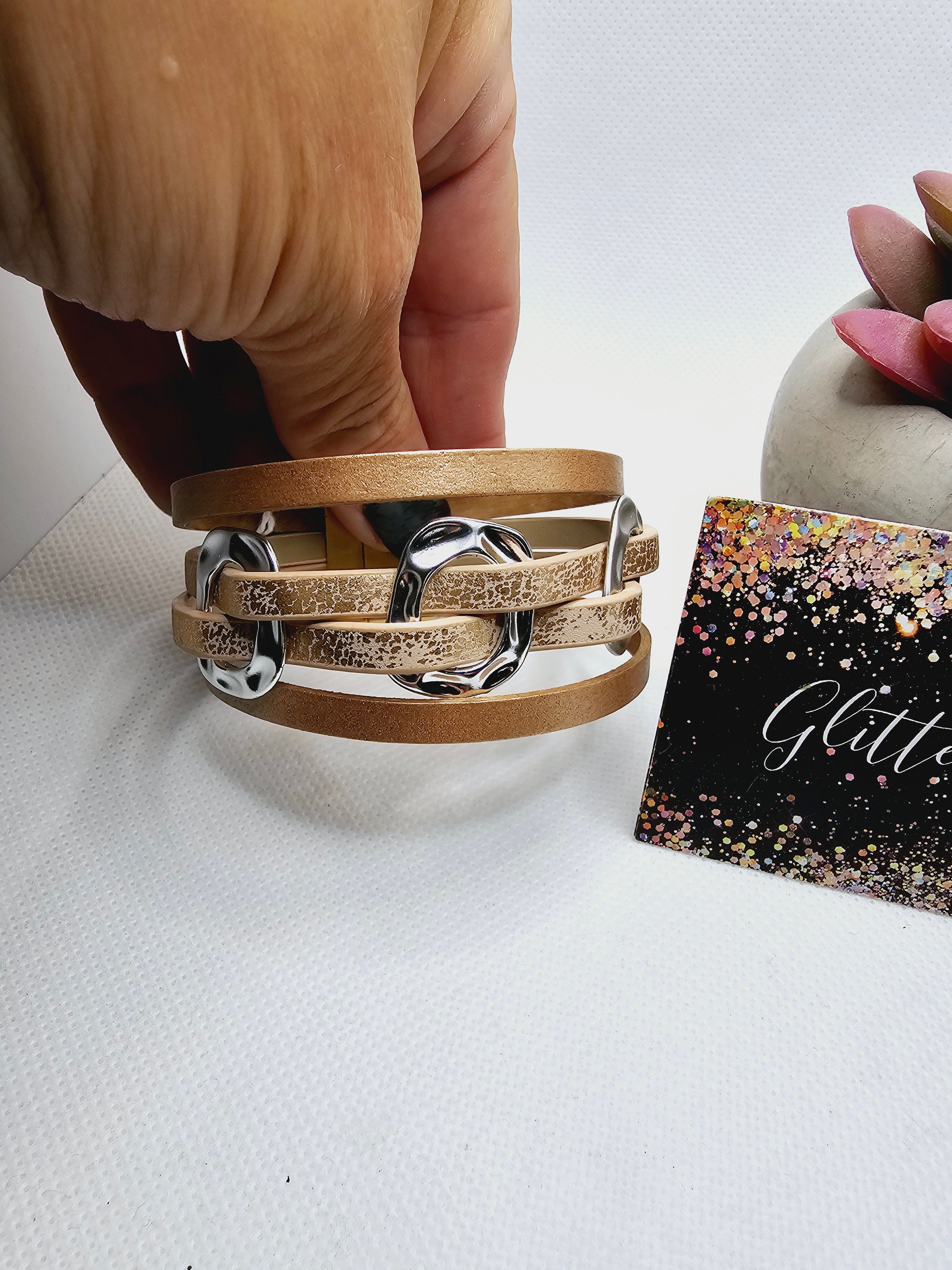 2417 Rose gold with Silver Rings Leather Wrap Bracelet