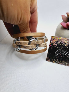 2417 Rose gold with Silver Rings Leather Wrap Bracelet