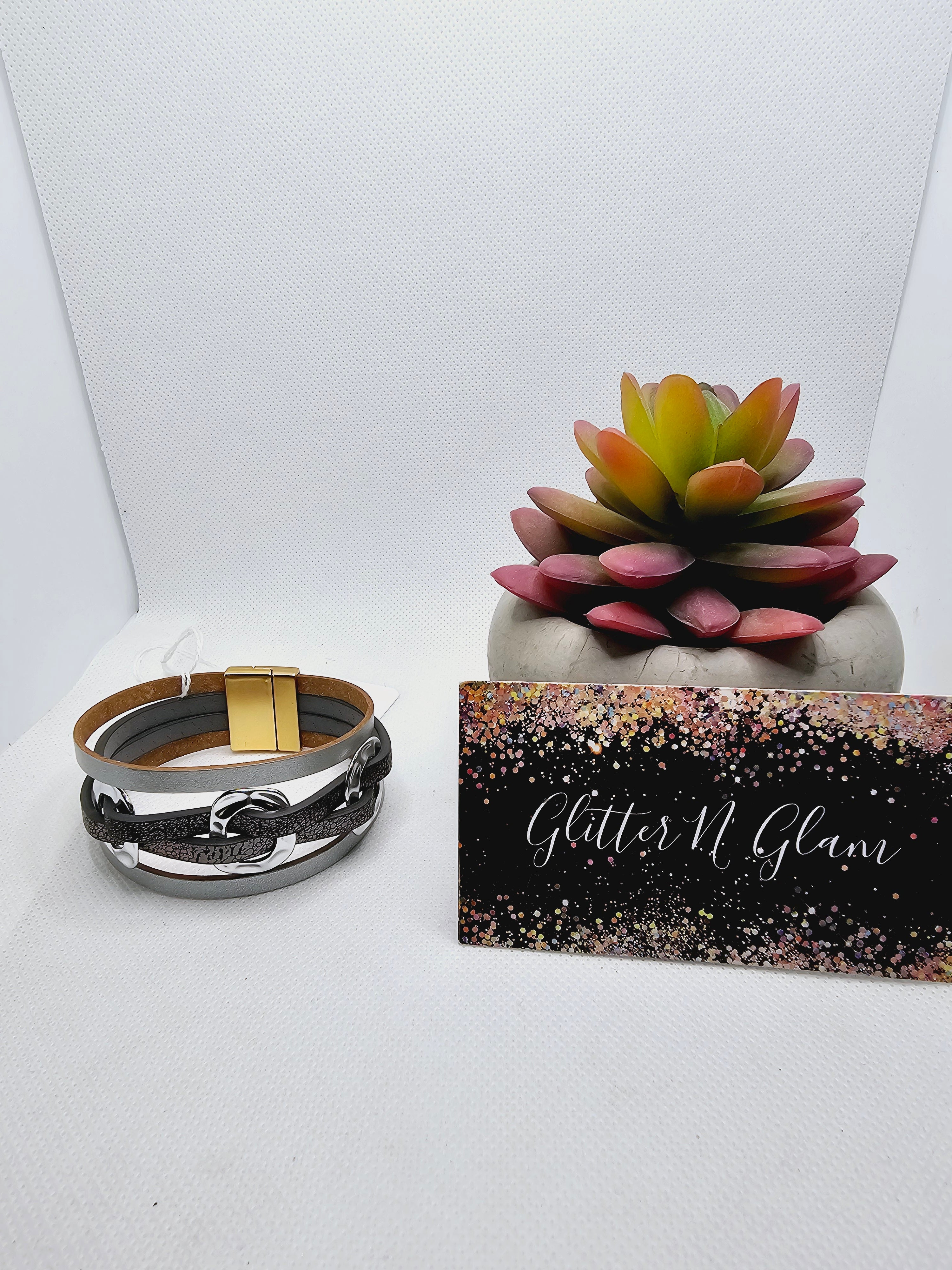 2418 Gray and Silver Leather Wrap Bracelet