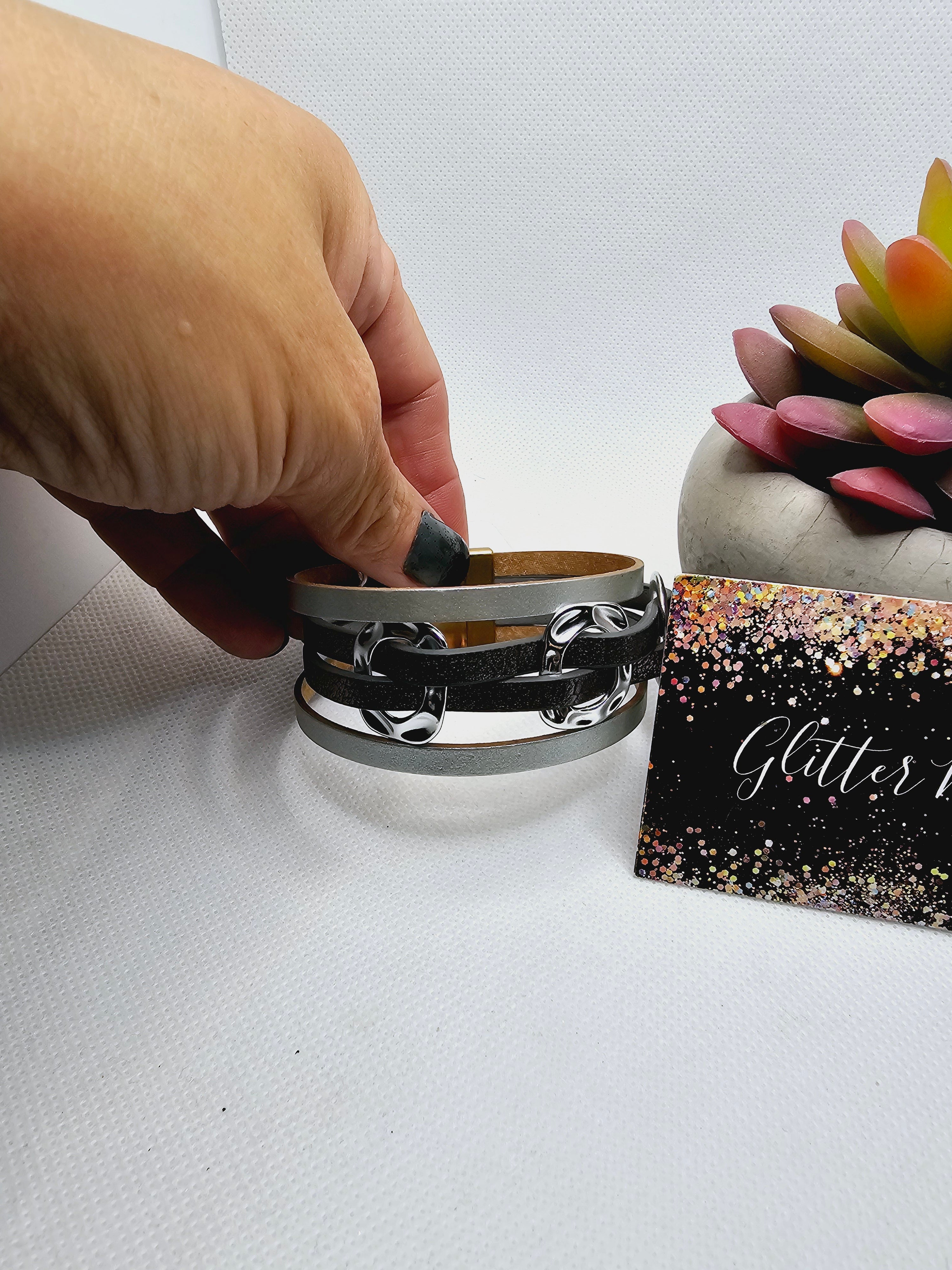 2418 Gray and Silver Leather Wrap Bracelet