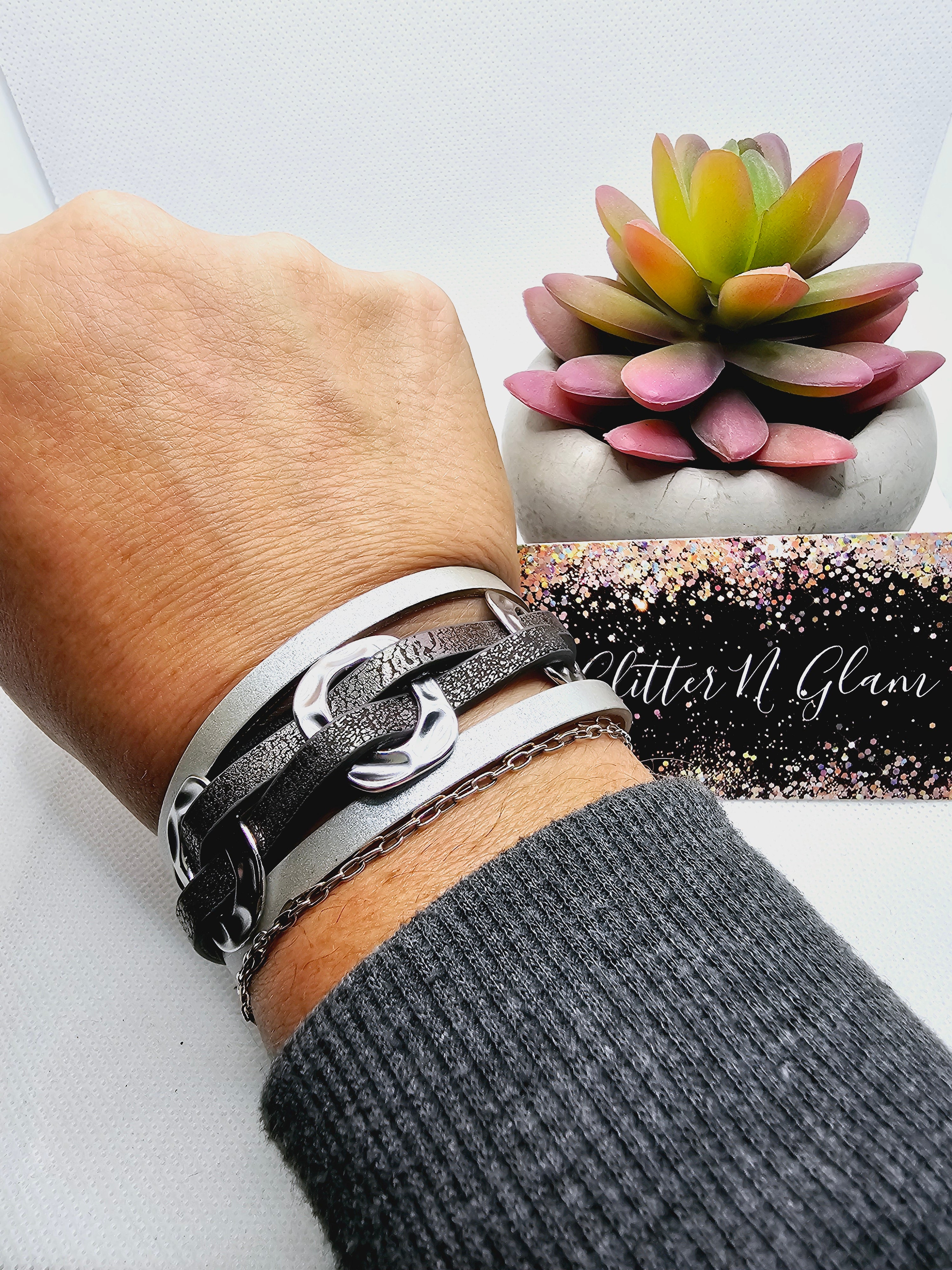 2418 Gray and Silver Leather Wrap Bracelet