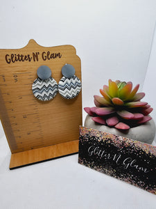 2404 Chevron Gray, Teal, White and Black Clay Dangle Earrings