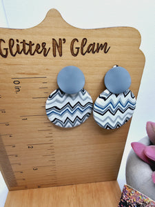 2404 Chevron Gray, Teal, White and Black Clay Dangle Earrings