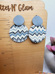2404 Chevron Gray, Teal, White and Black Clay Dangle Earrings