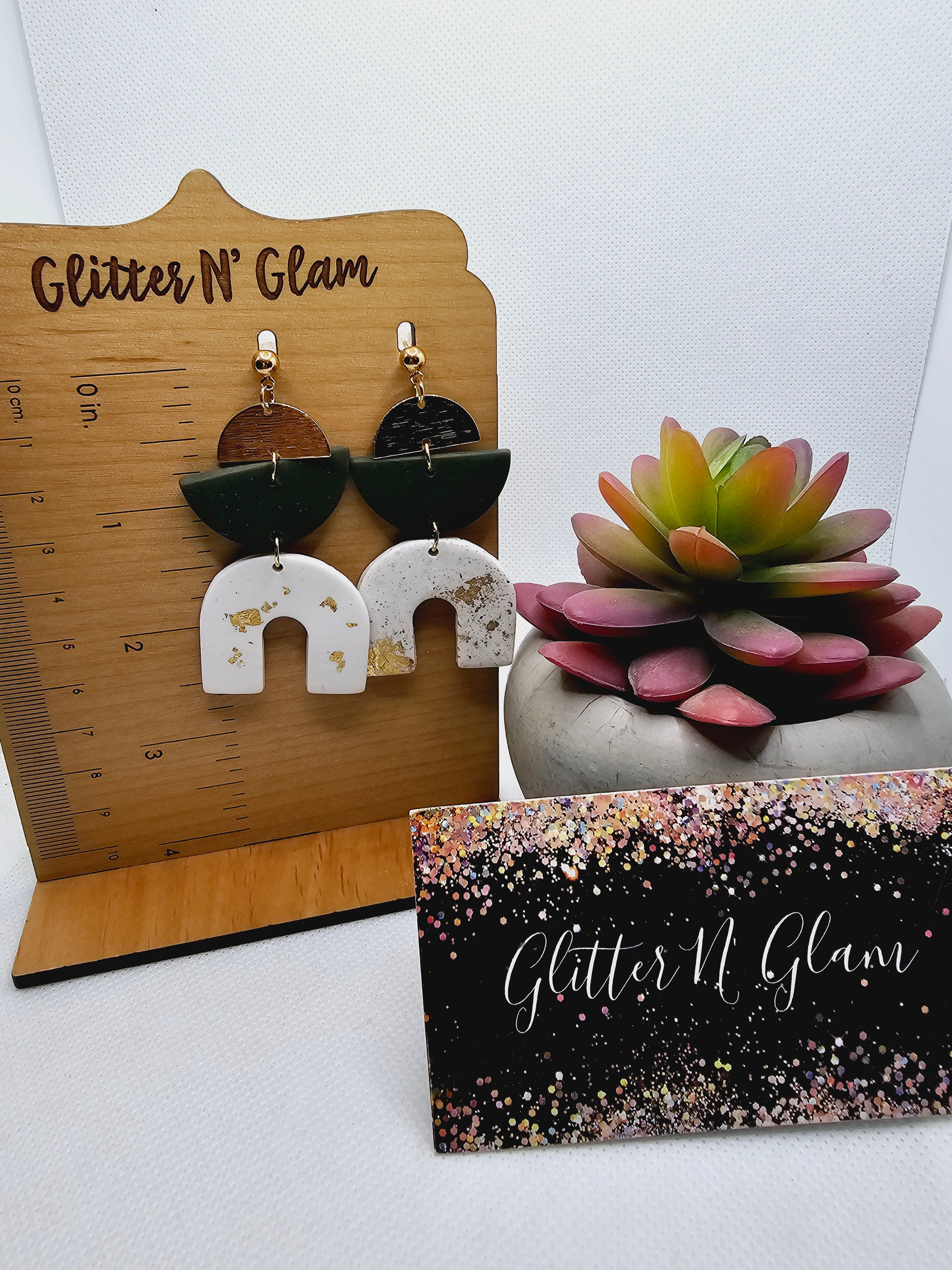 2407 Gold, White and Hunter Green Clay Dangle Earrings
