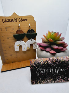 2407 Gold, White and Hunter Green Clay Dangle Earrings