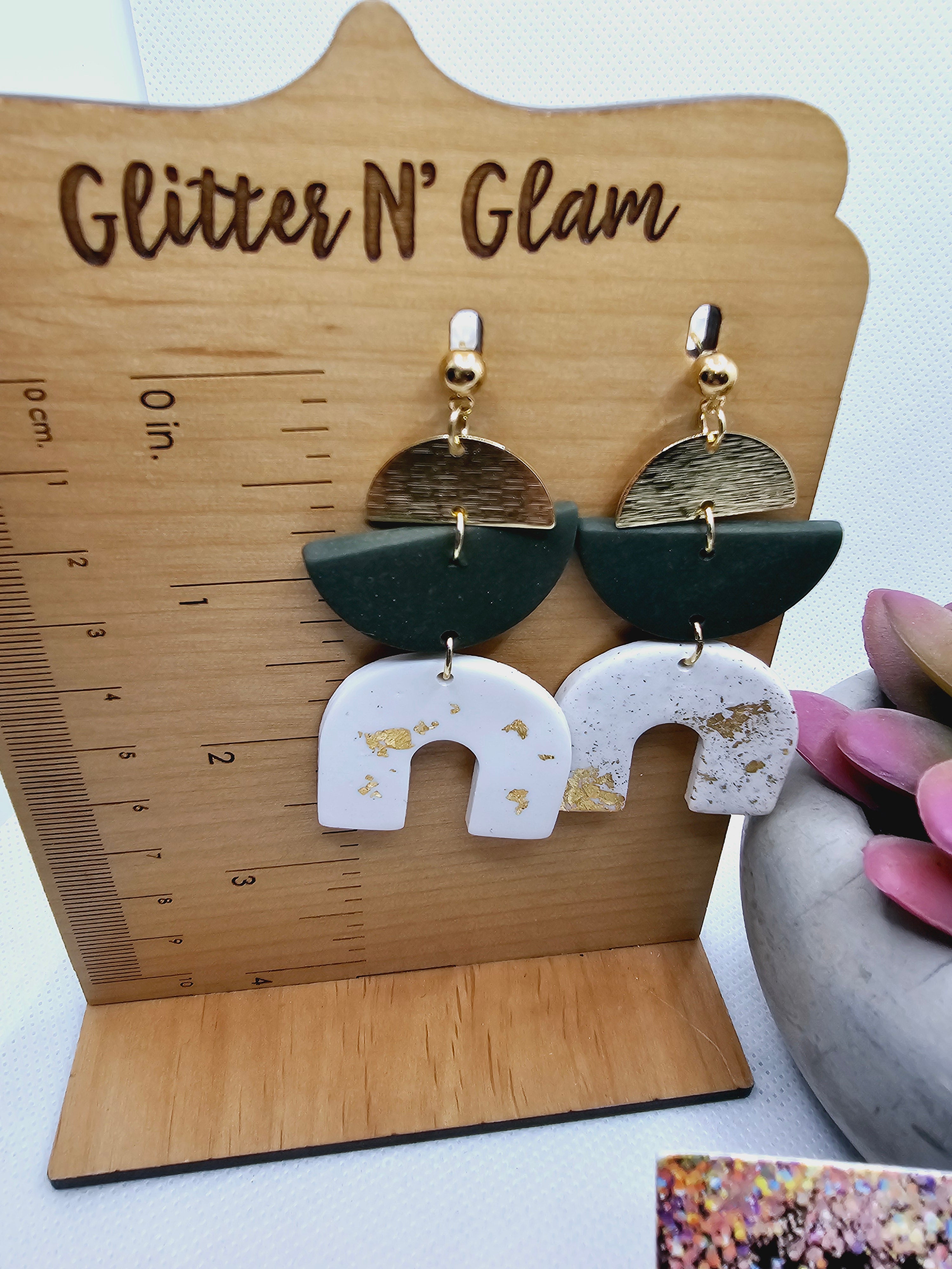 2407 Gold, White and Hunter Green Clay Dangle Earrings