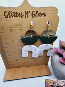 2407 Gold, White and Hunter Green Clay Dangle Earrings