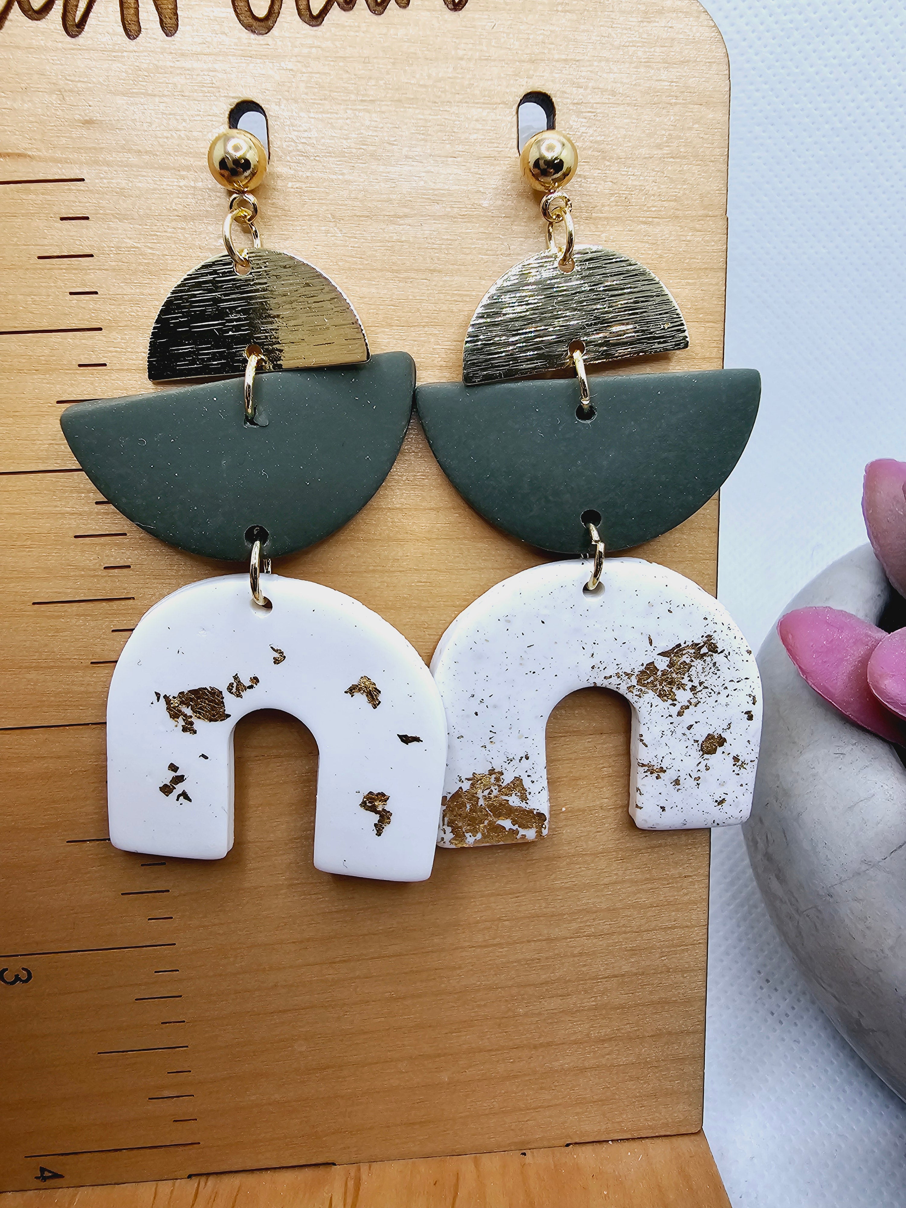 2407 Gold, White and Hunter Green Clay Dangle Earrings