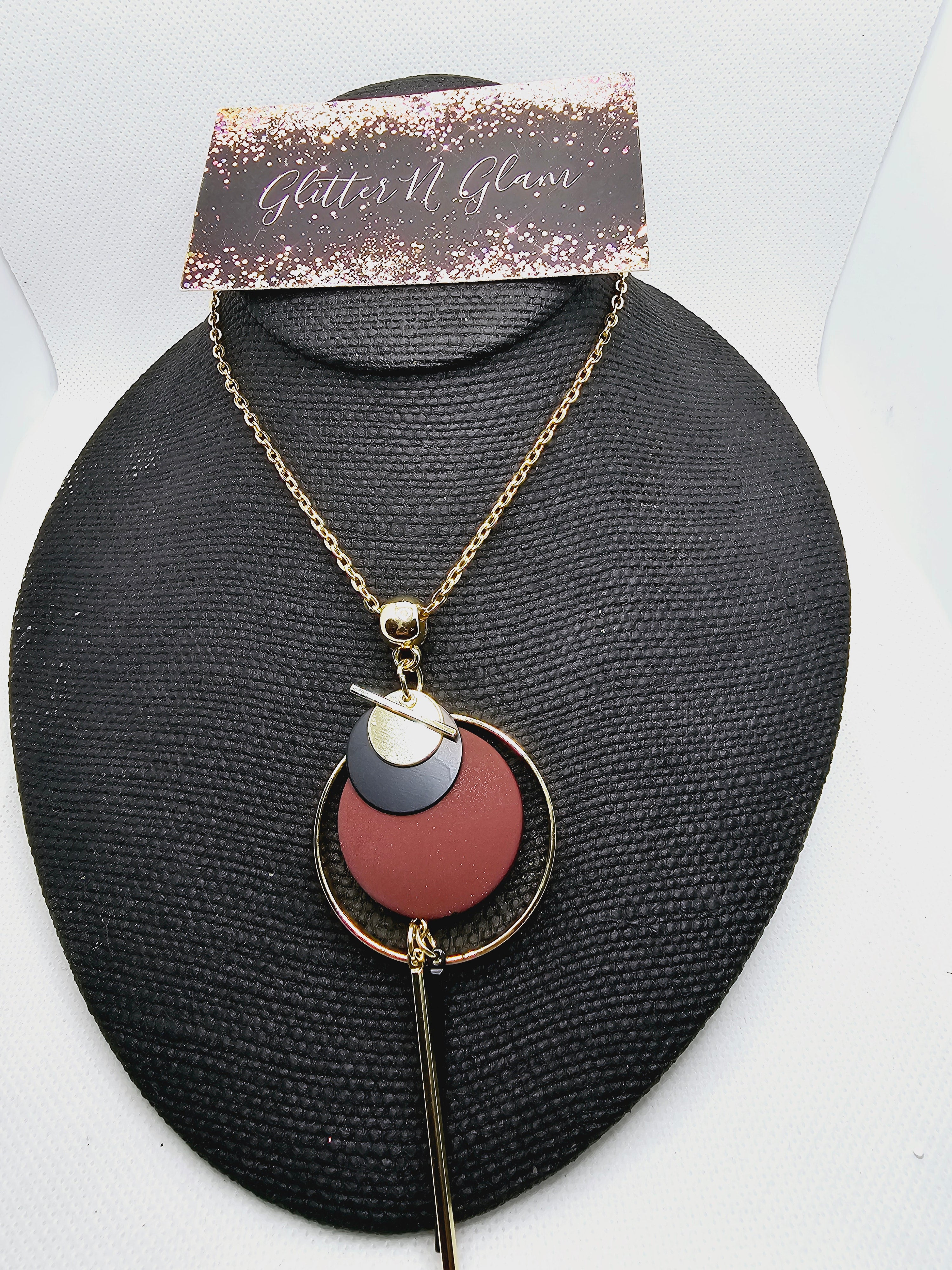 2408 Gold Long Sweater Necklace with Gold, Burgundy and Black Pendant
