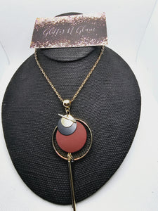 2408 Gold Long Sweater Necklace with Gold, Burgundy and Black Pendant