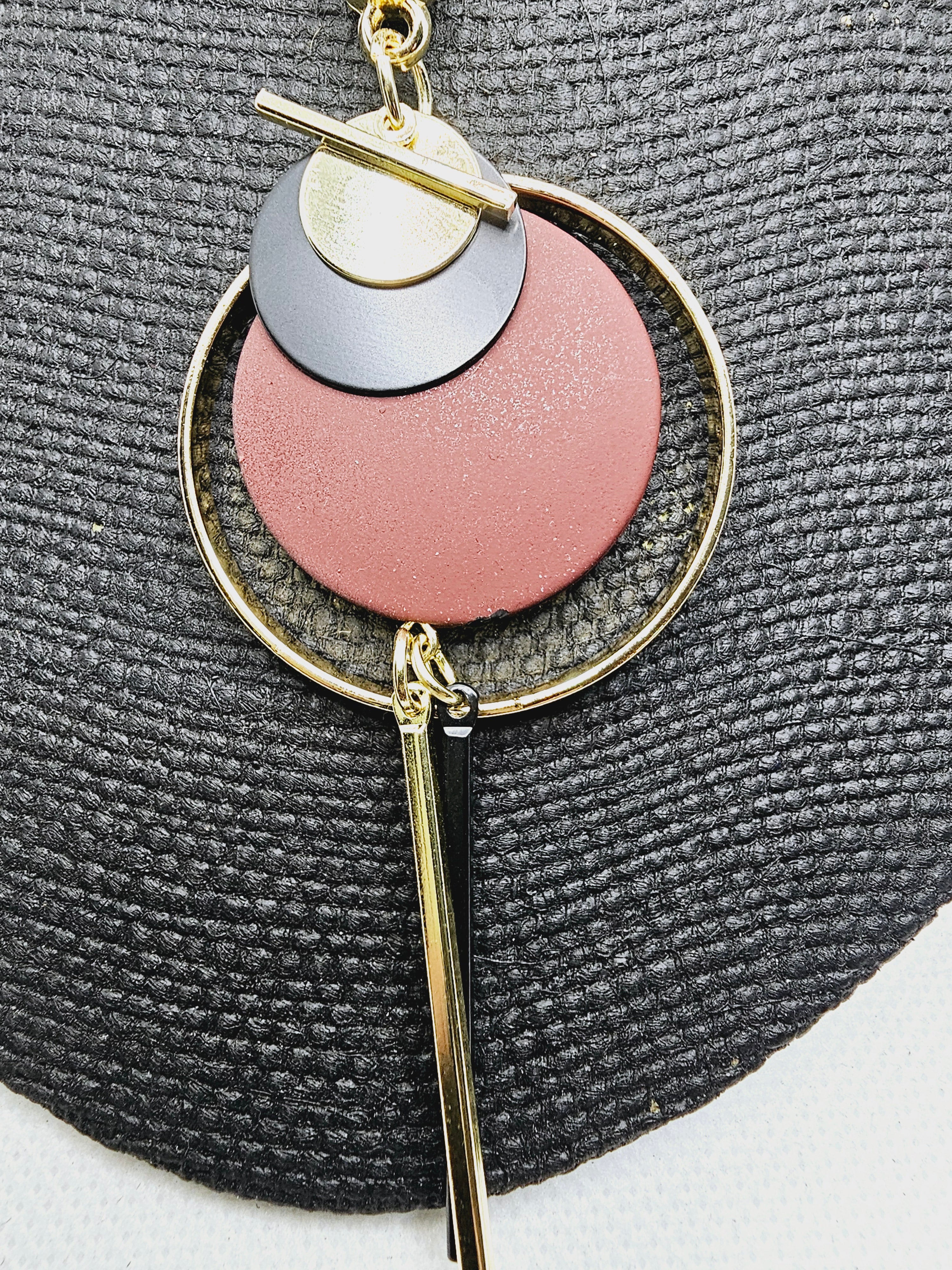 2408 Gold Long Sweater Necklace with Gold, Burgundy and Black Pendant