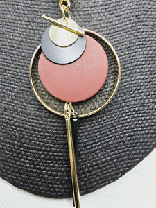 2408 Gold Long Sweater Necklace with Gold, Burgundy and Black Pendant