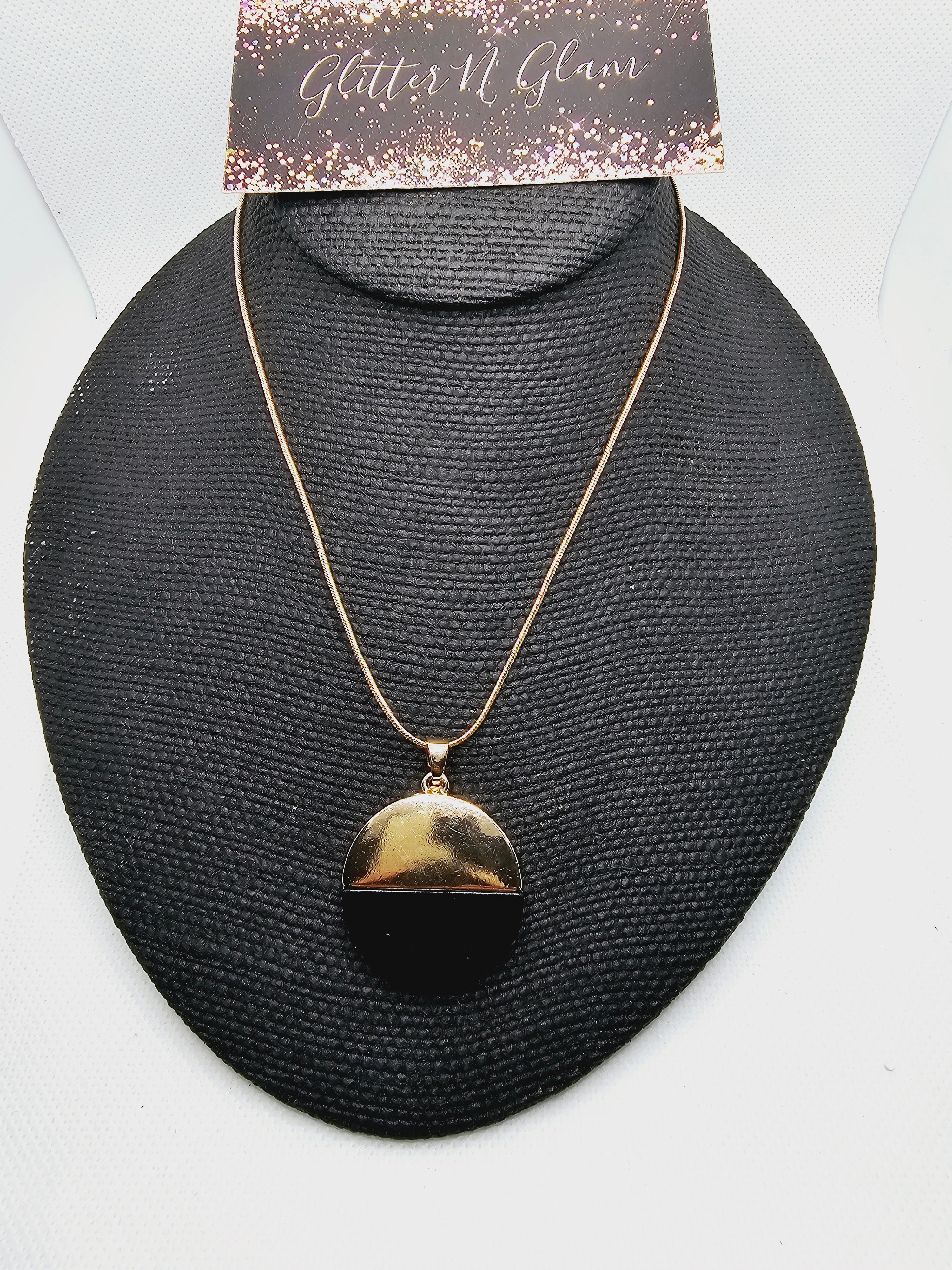 2414 Gold Long Sweater Necklace with Gold and Black Round Pendant