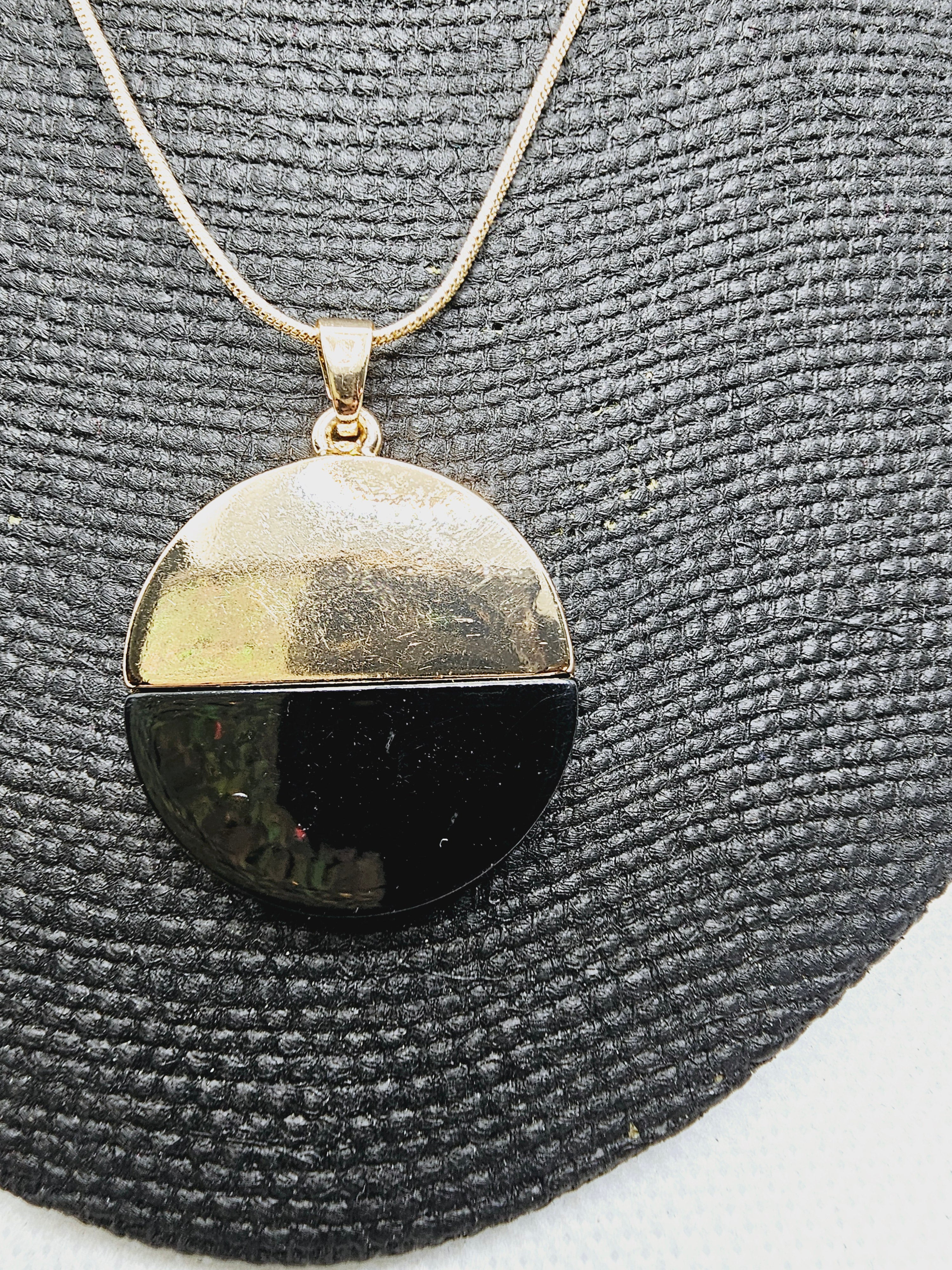 2414 Gold Long Sweater Necklace with Gold and Black Round Pendant