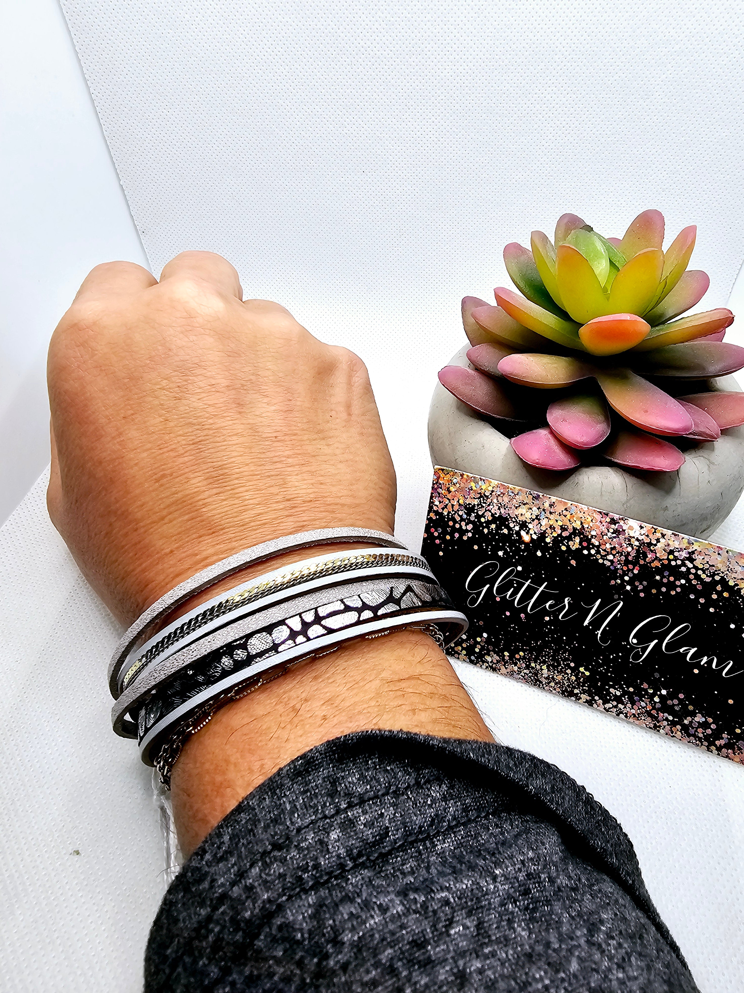 2429 Silver and Gold Animal Print  Leather Wrap Bracelet