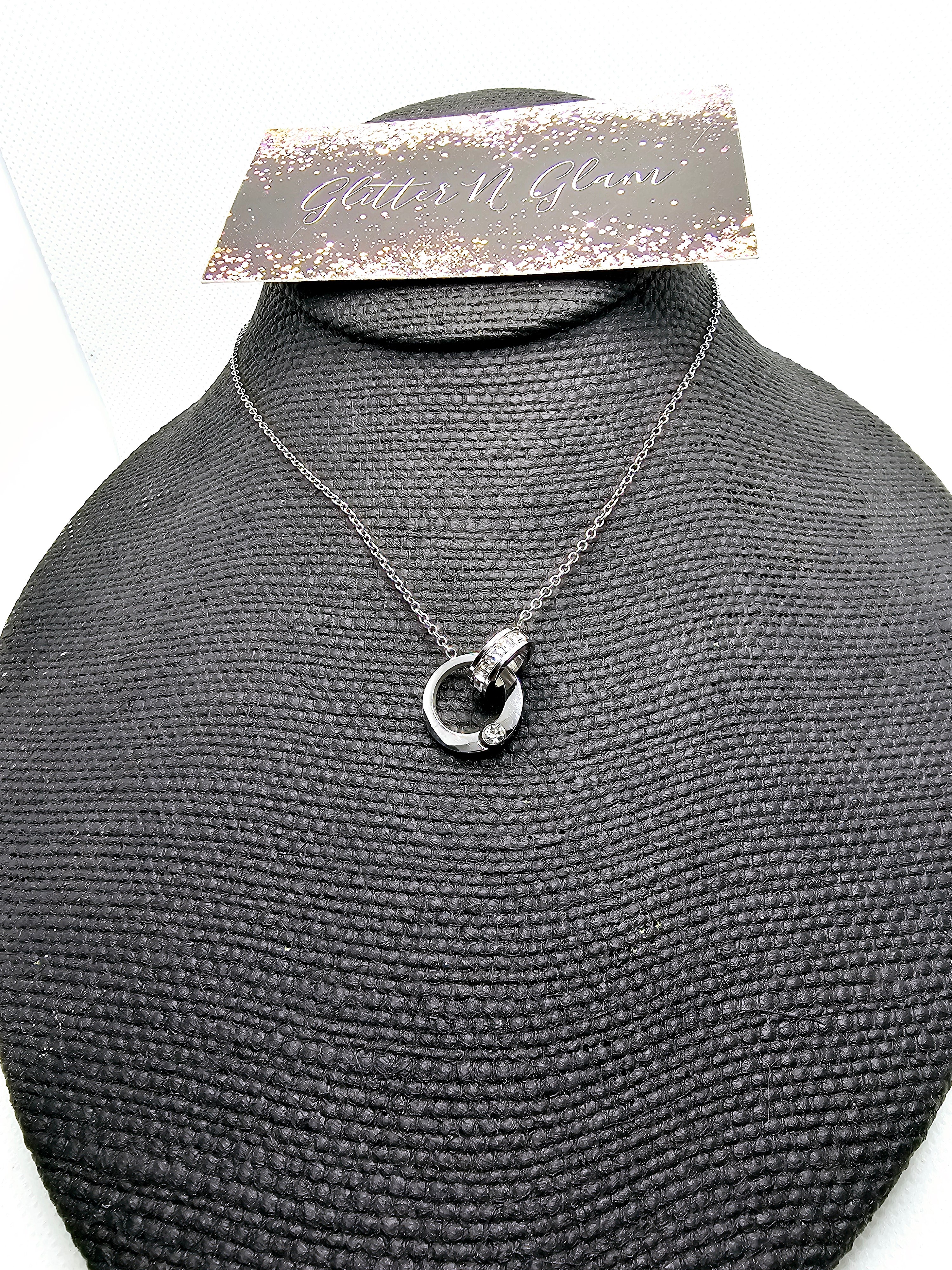 2437 Silver Short Length Necklace with Silver Charm with Bling