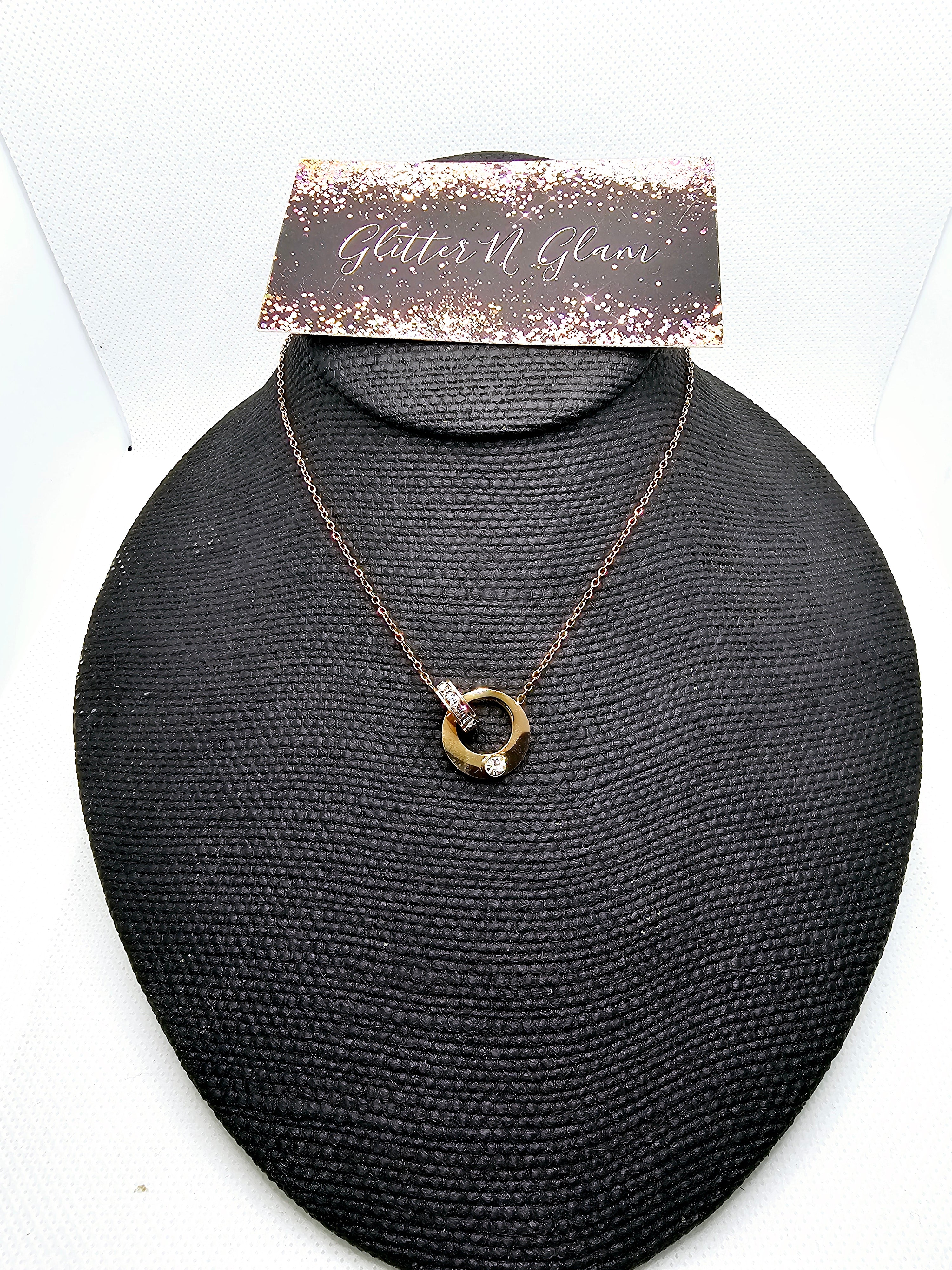 2436 Rosegold Short Length Necklace with circle Pendant and Bling