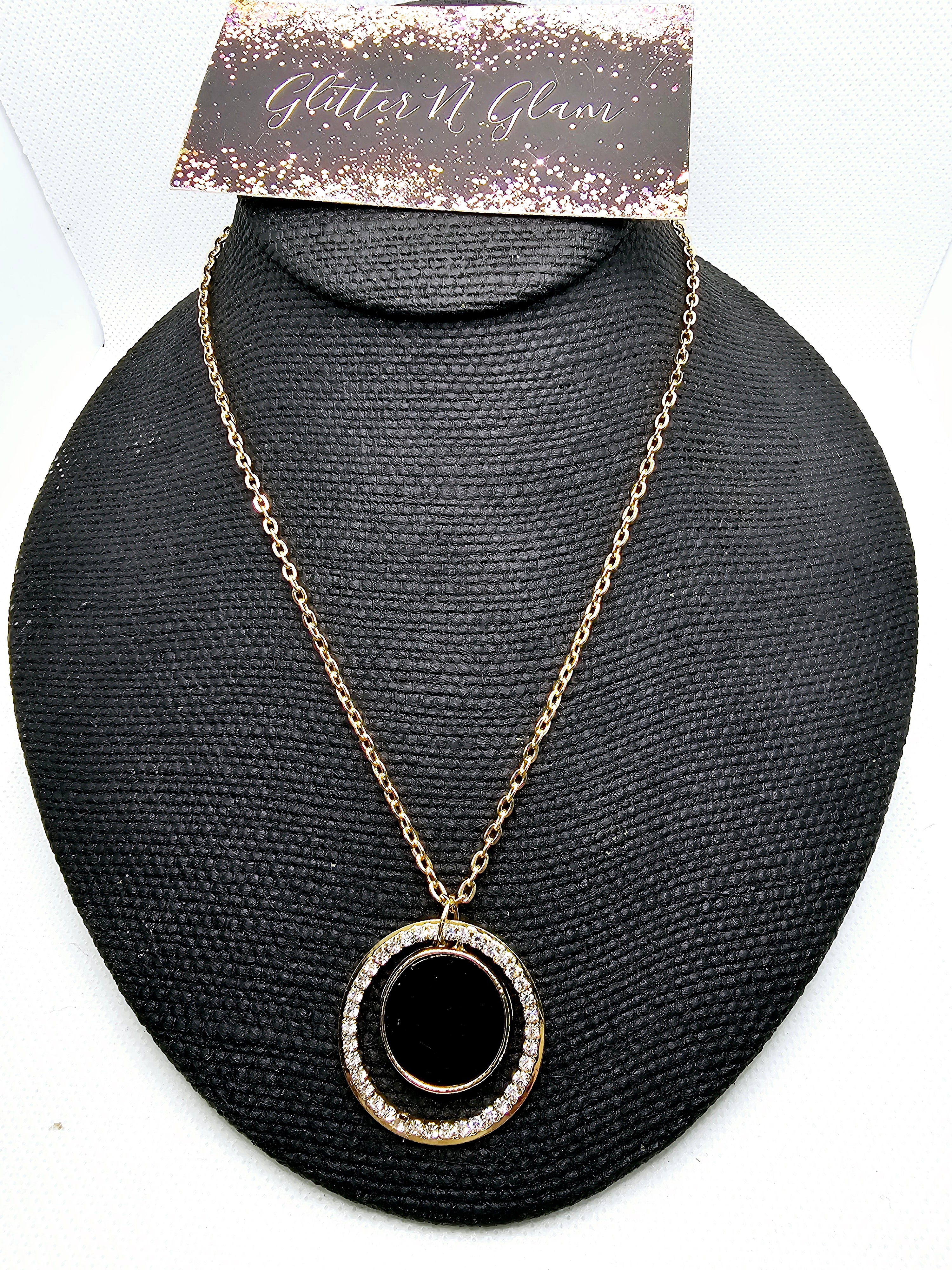 2435 Gold and Black Long Sweater Necklace with Black and Bling Pendant