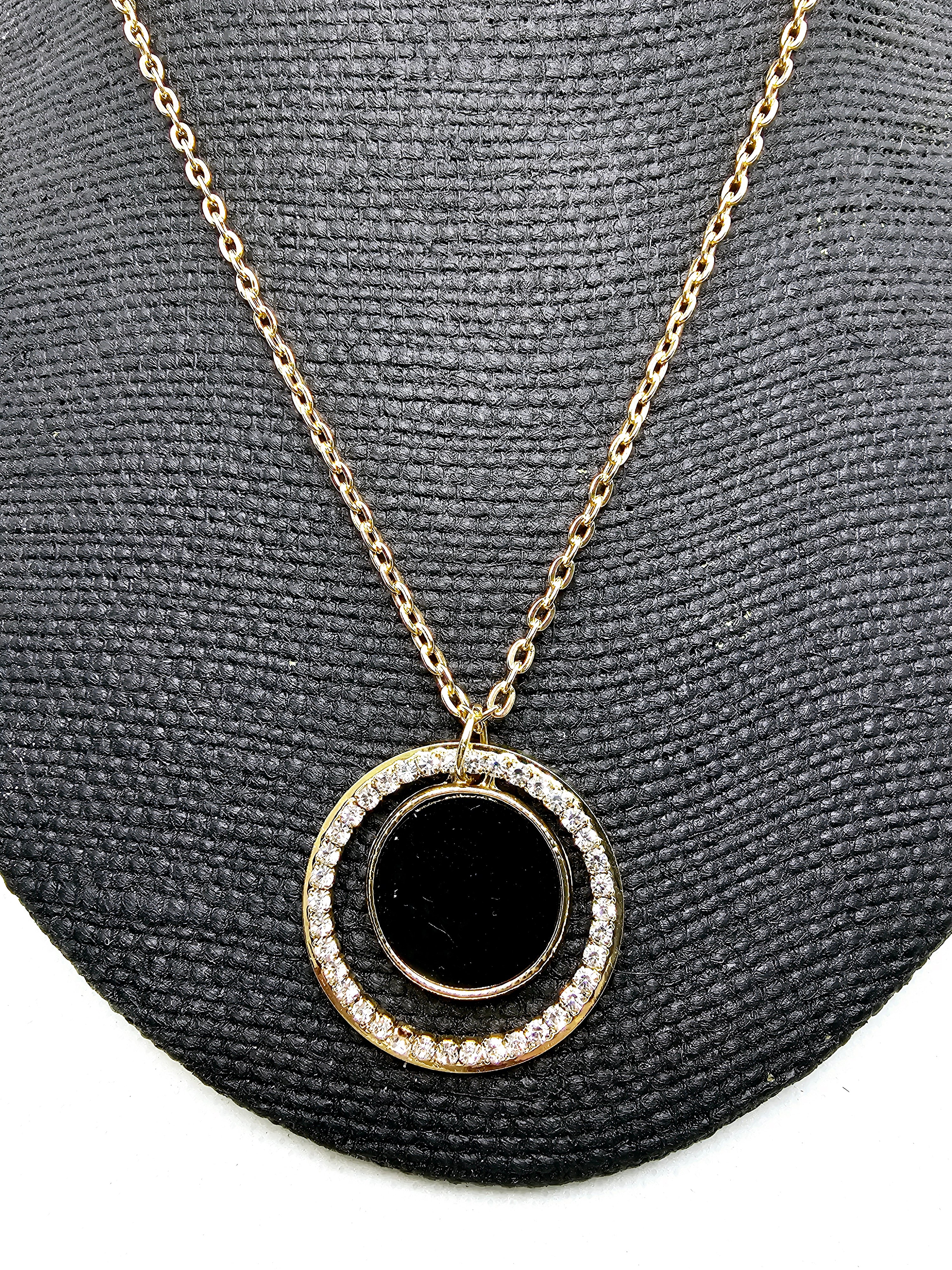 2435 Gold and Black Long Sweater Necklace with Black and Bling Pendant