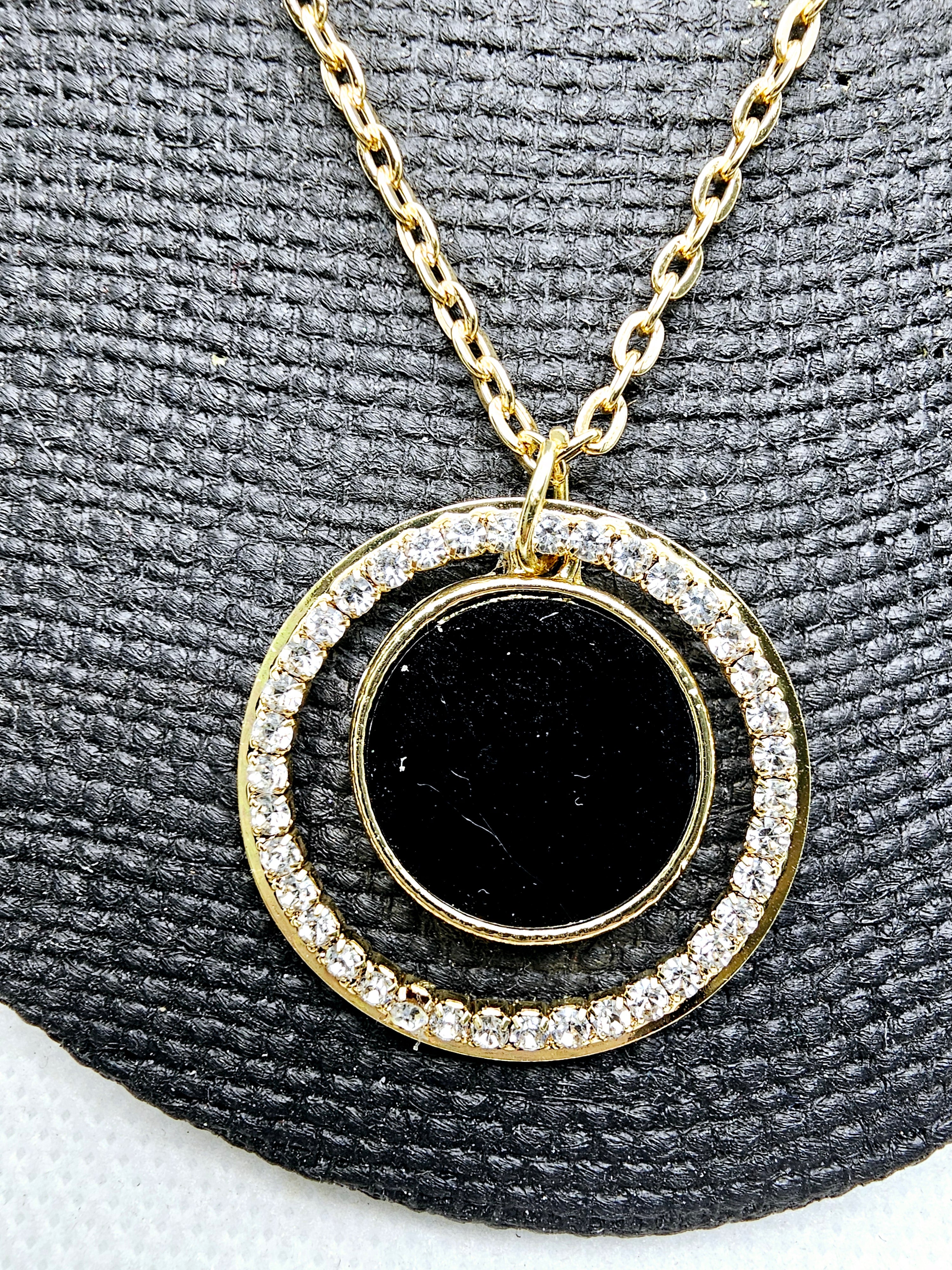 2435 Gold and Black Long Sweater Necklace with Black and Bling Pendant