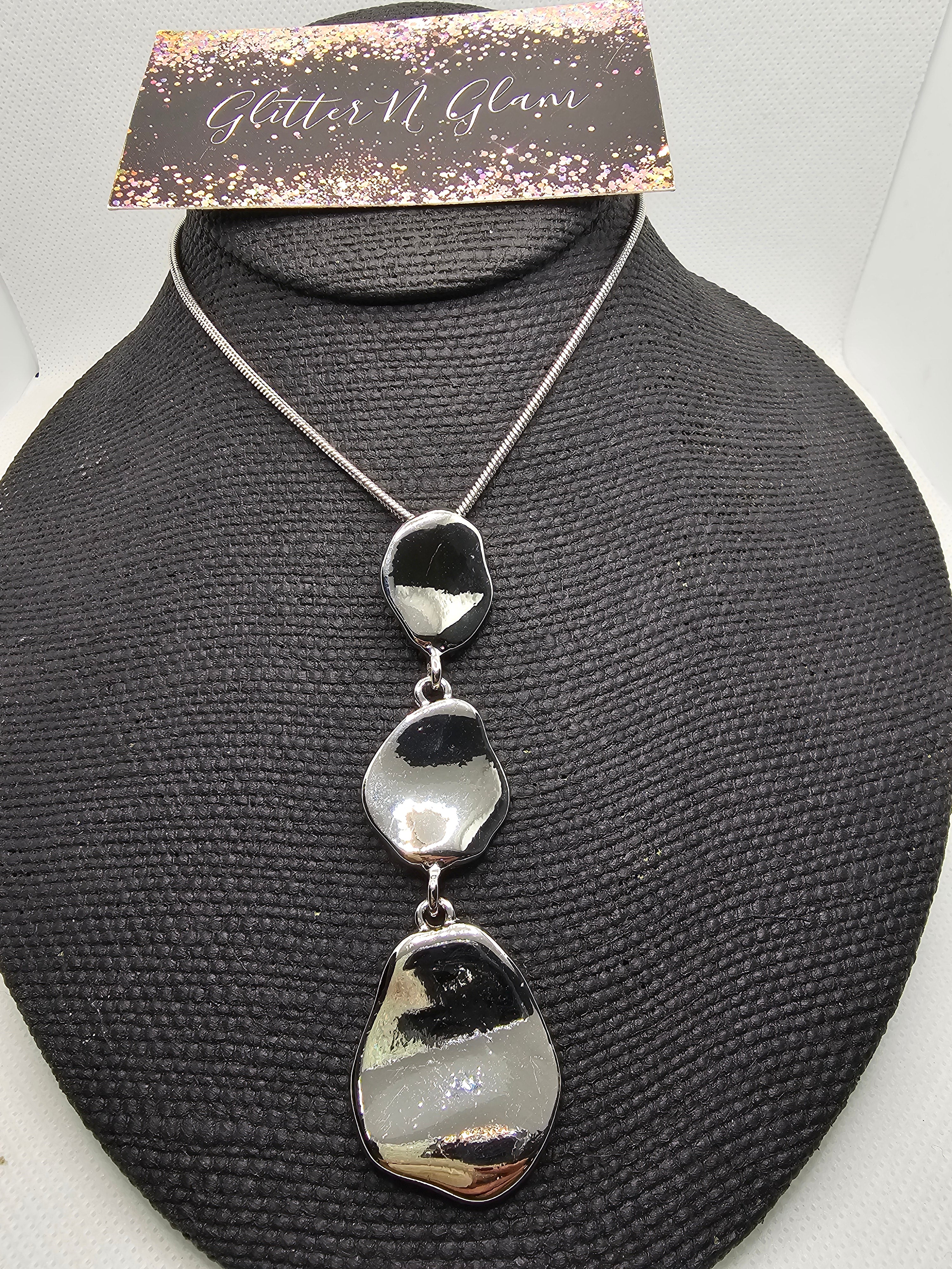 2434 Silver Long Sweater Necklace with Silver Stone-like Pendants