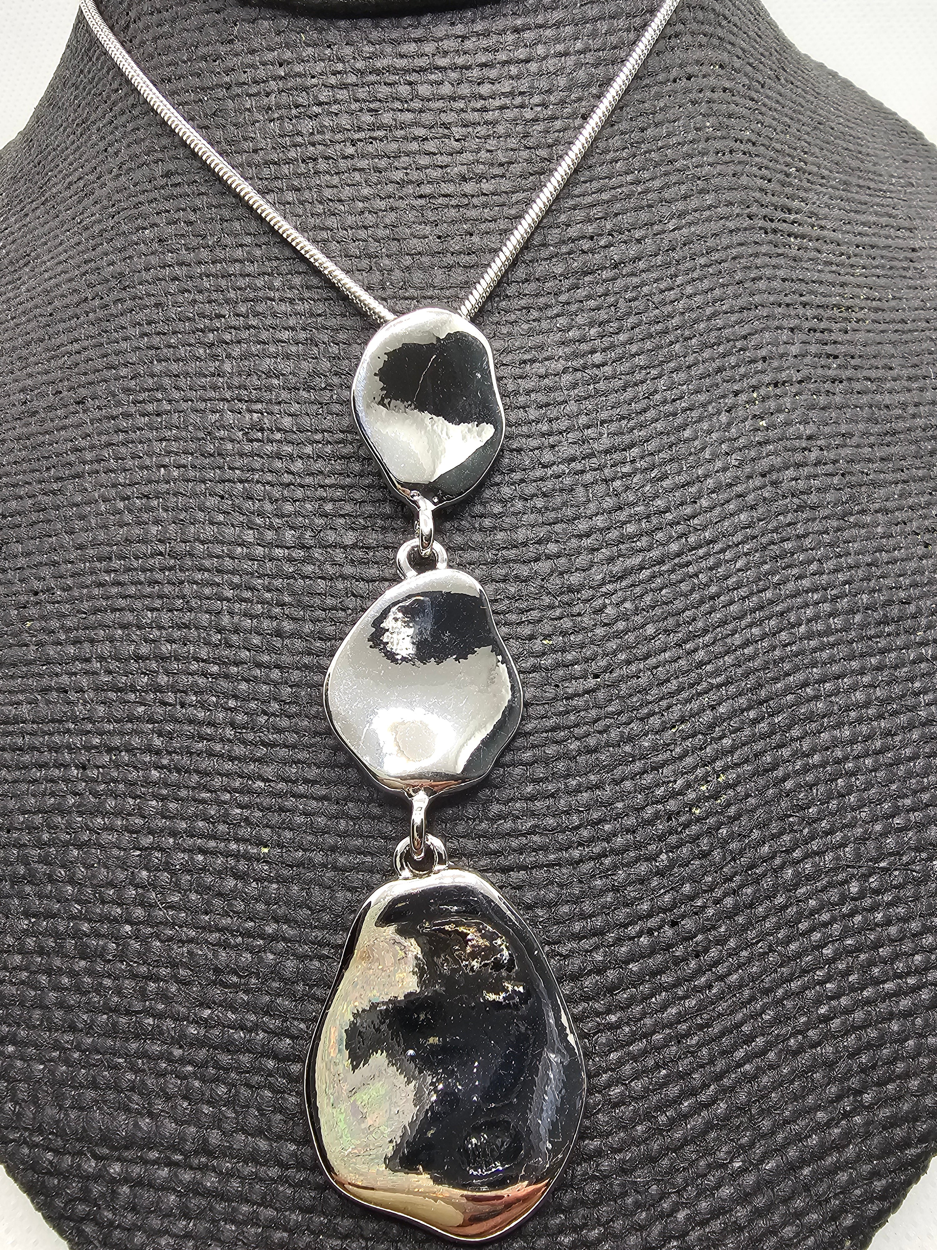 2434 Silver Long Sweater Necklace with Silver Stone-like Pendants