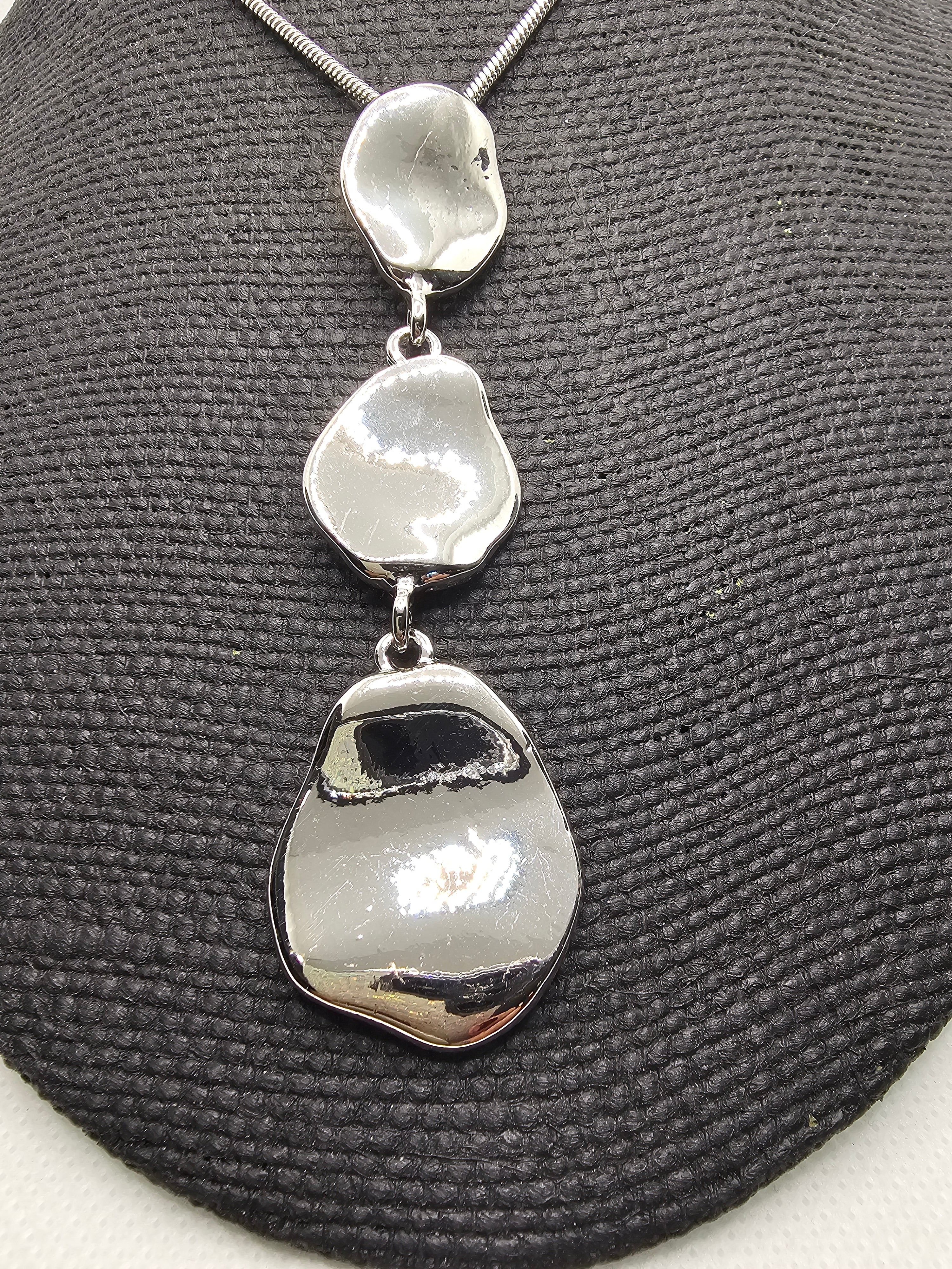 2434 Silver Long Sweater Necklace with Silver Stone-like Pendants