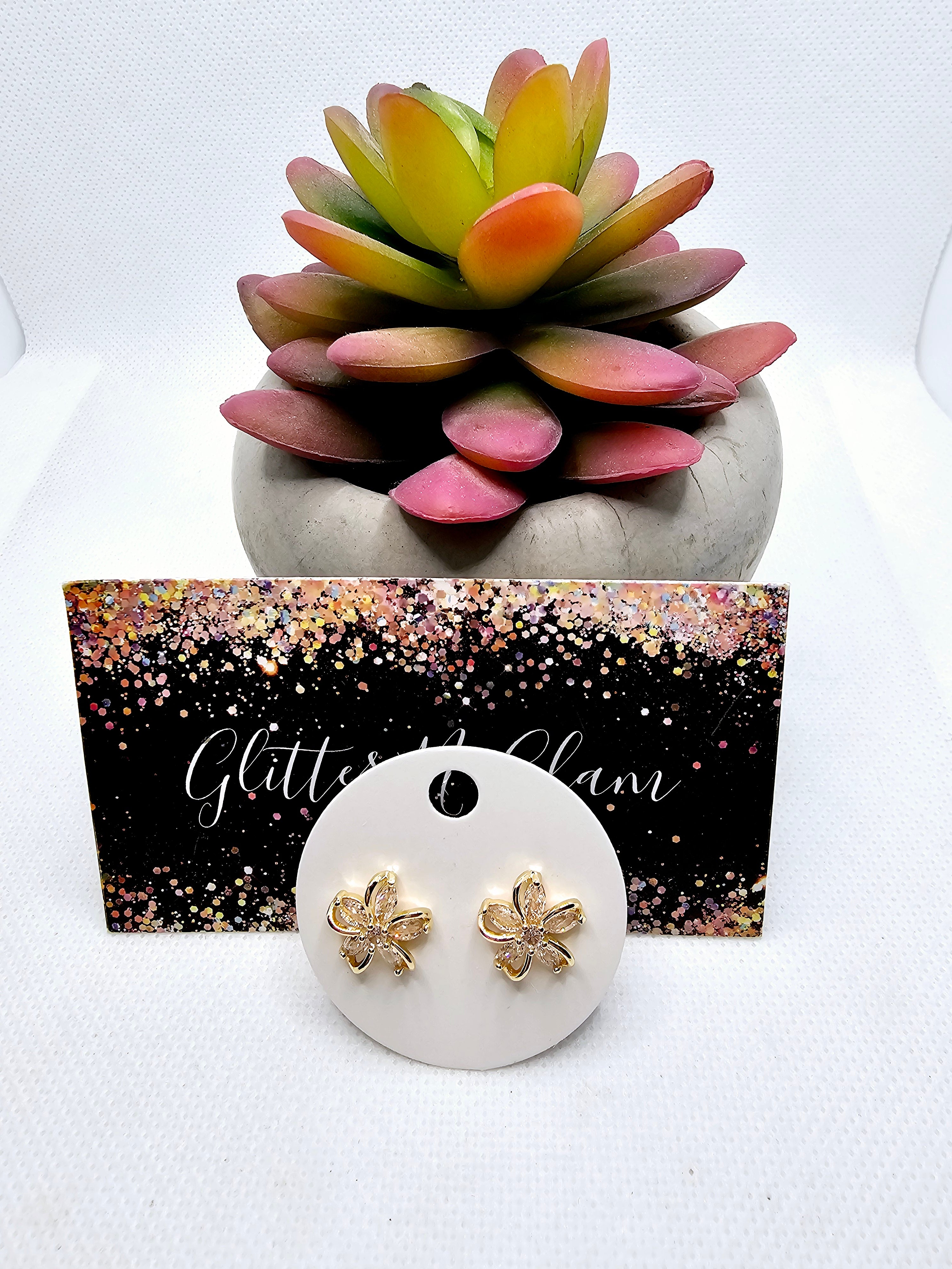 2421 Gold Flower Stud Earrings with Bling