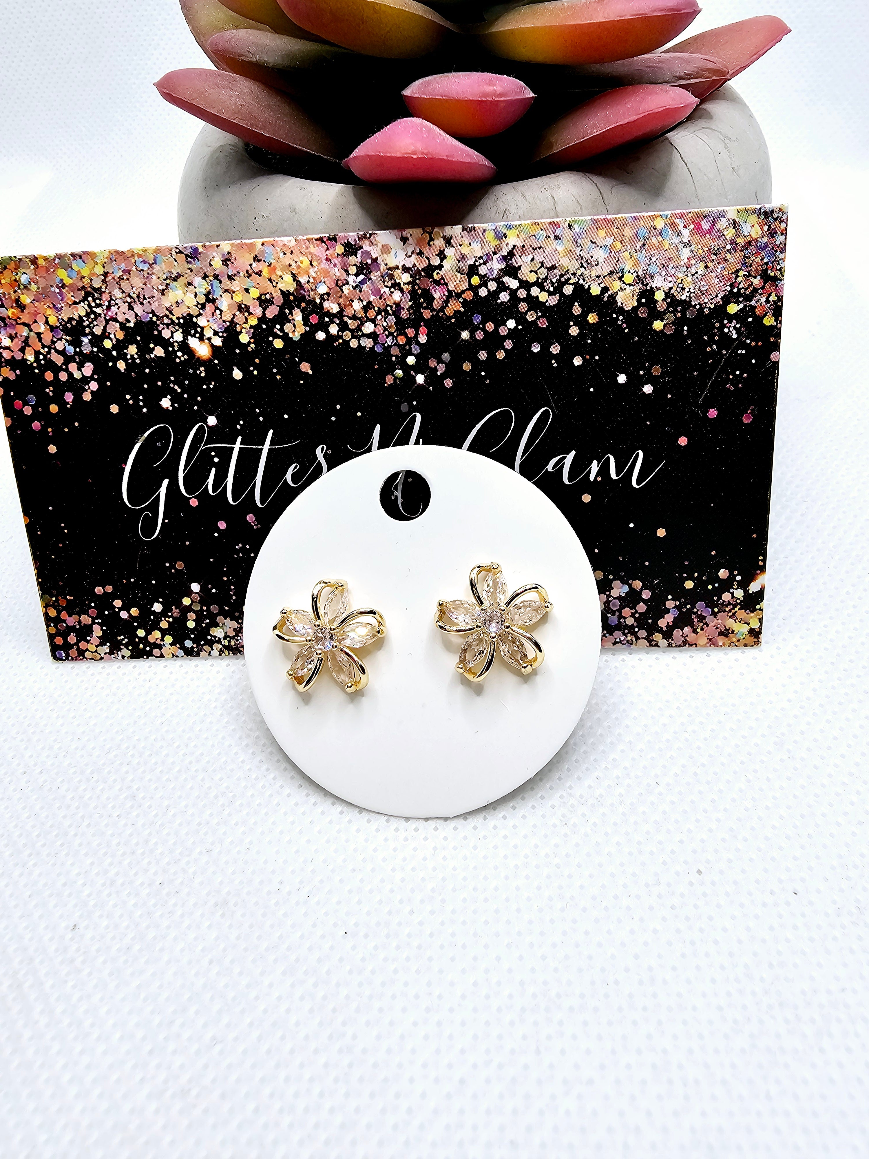 2421 Gold Flower Stud Earrings with Bling