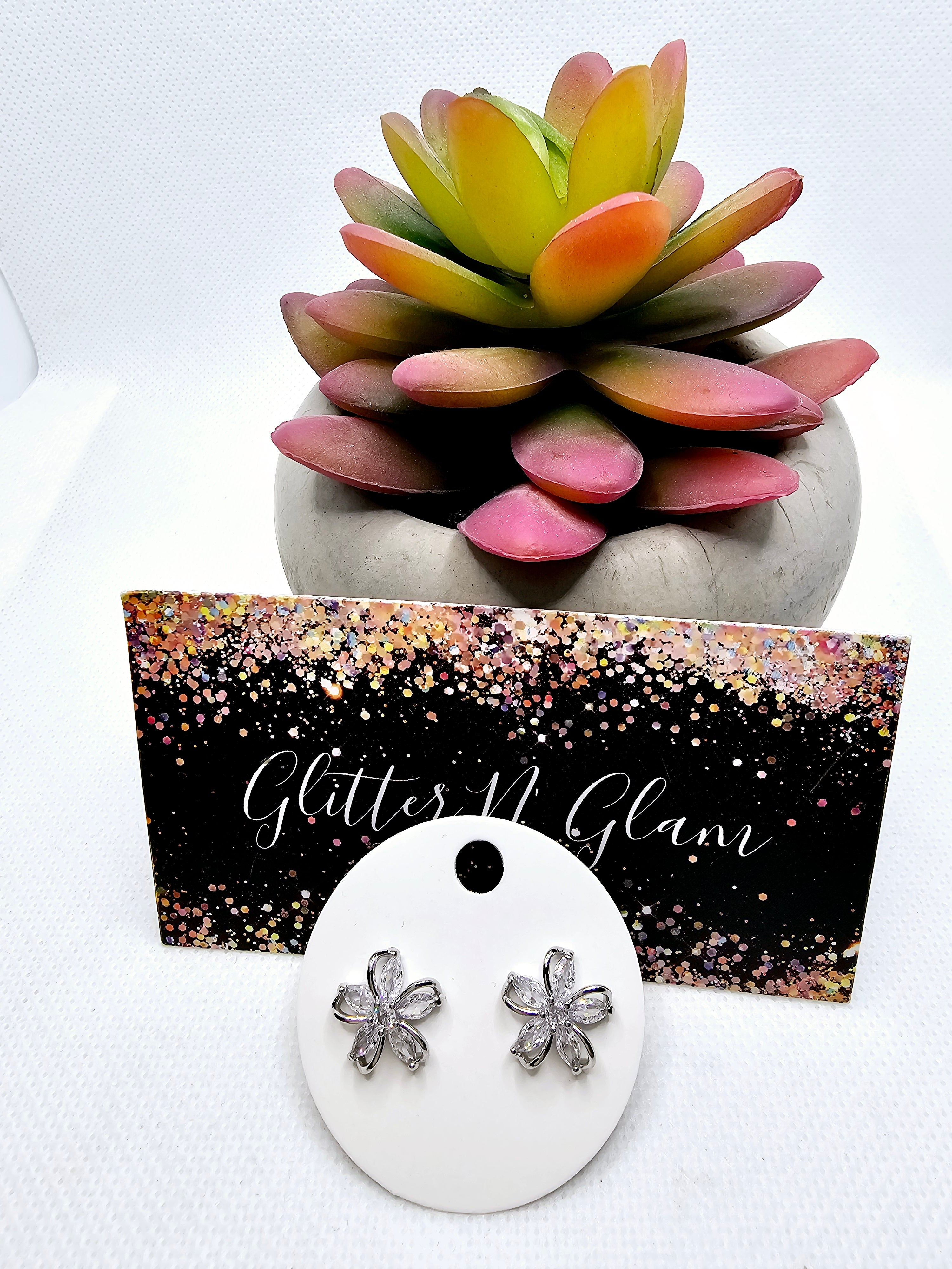 2423 Silver Flower Stud Earrings with Bling